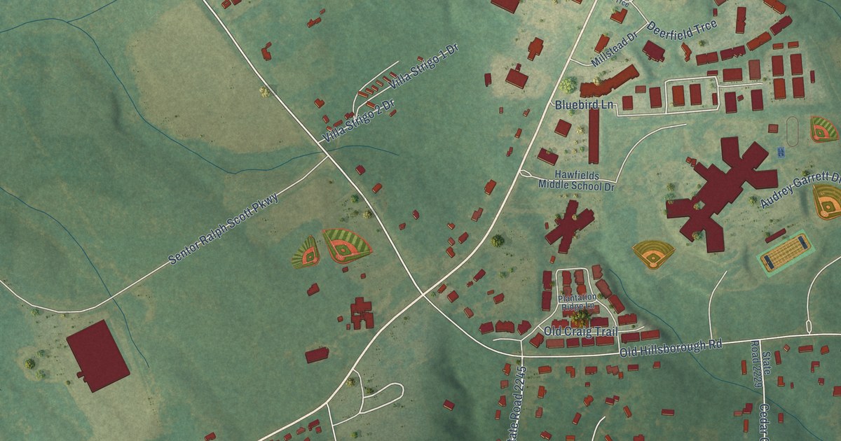 Close-up of streets and buildings in Hawfields, North Carolina