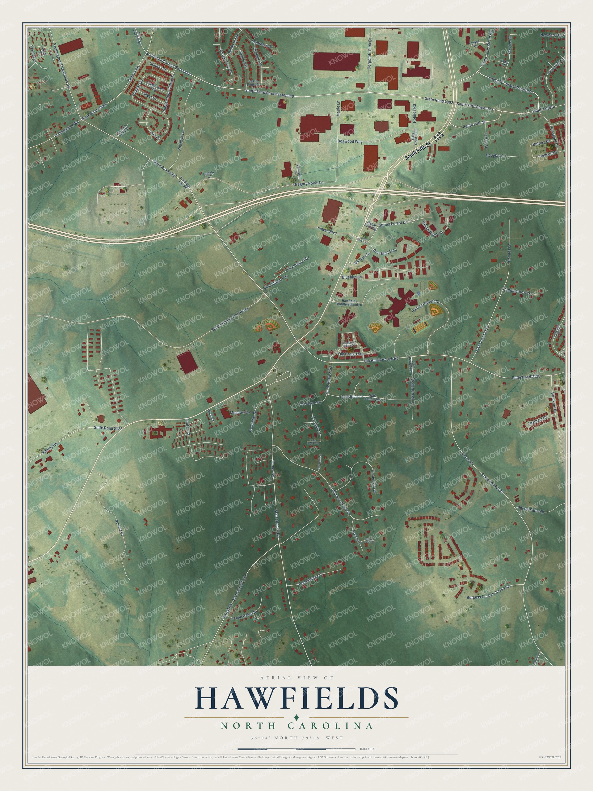 Full map of Hawfields, North Carolina, with red buildings, printed street names and the land around them