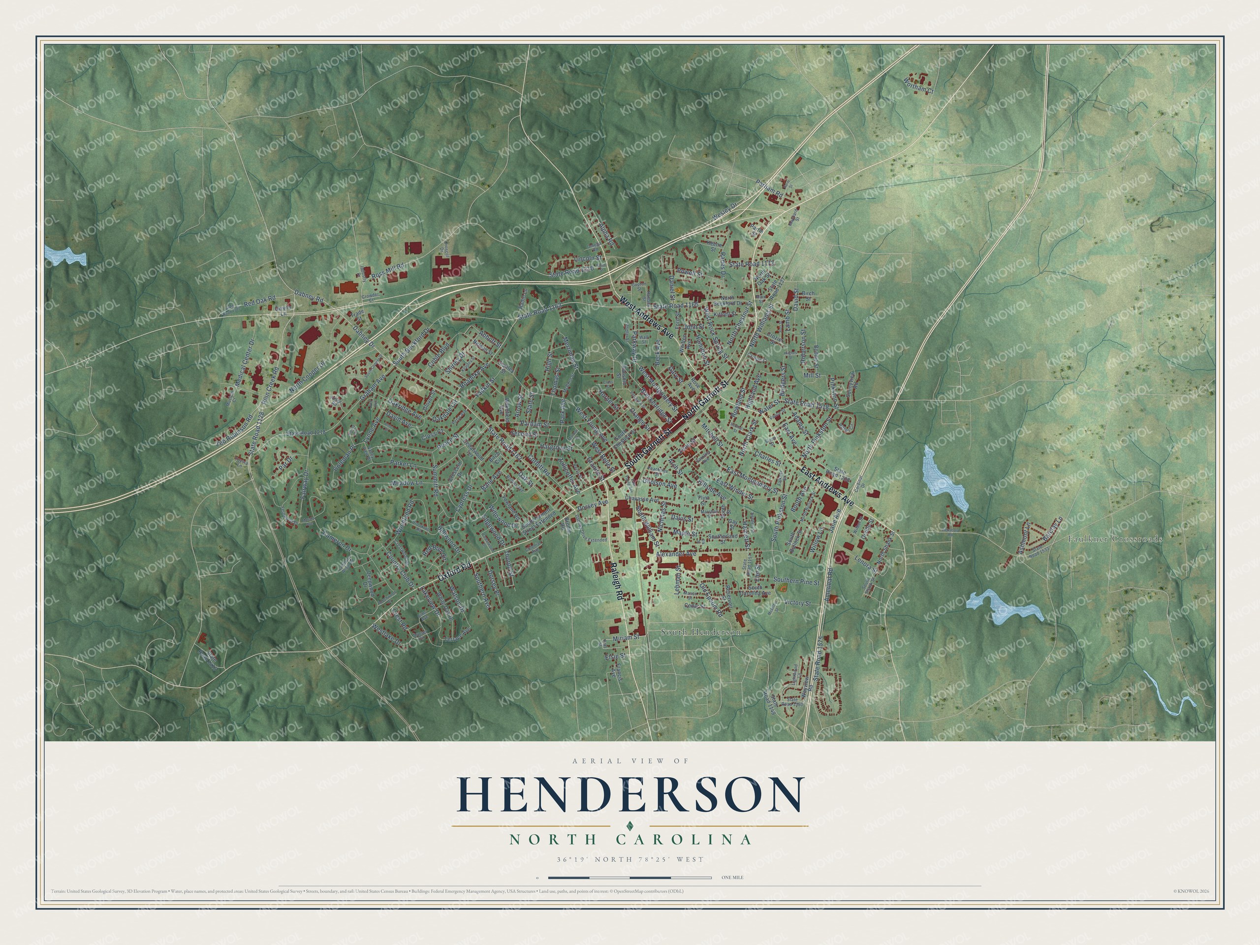 Full map of Henderson, North Carolina, with red buildings, printed street names and the land around them