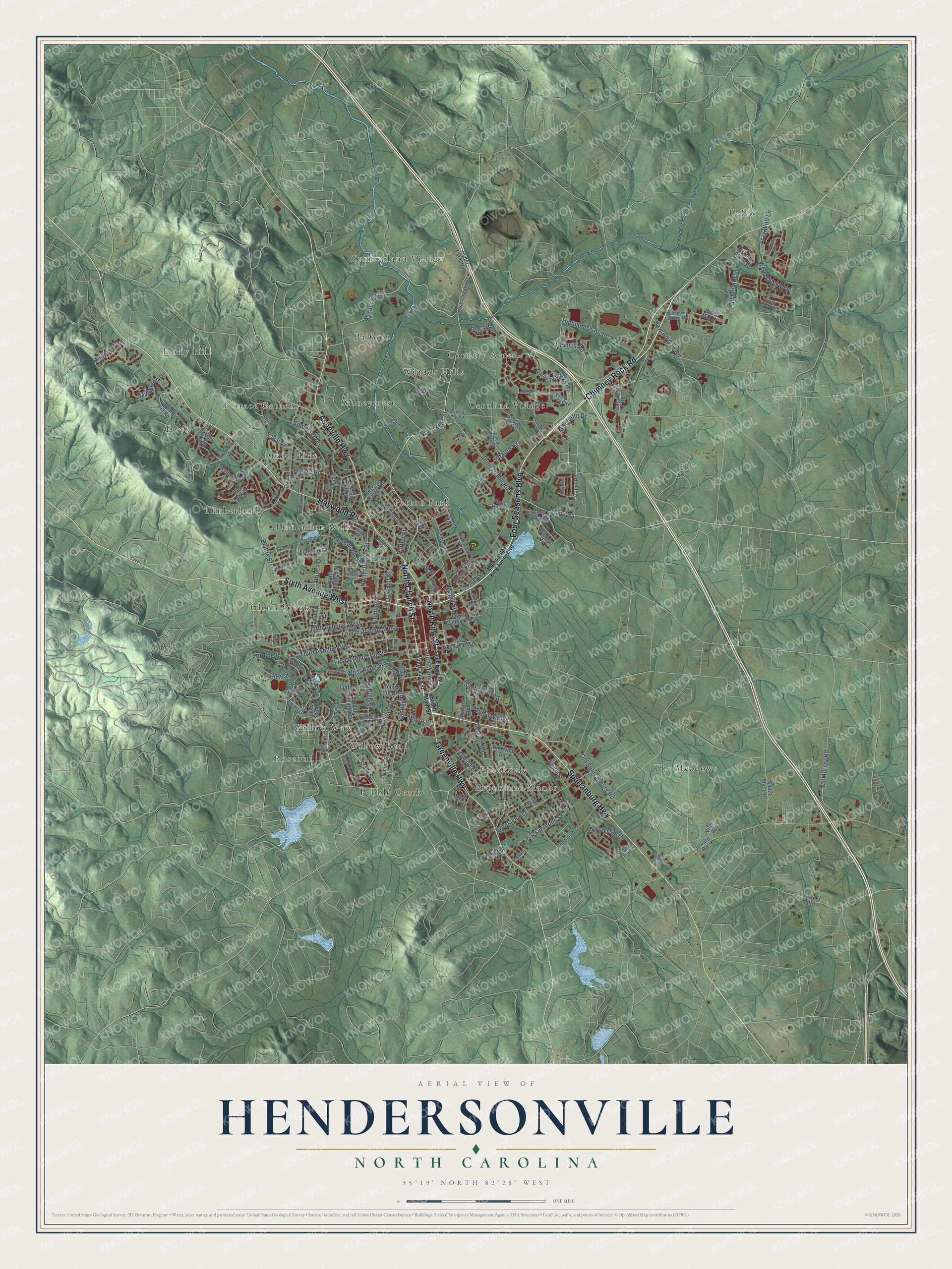 Full map of Hendersonville, North Carolina, with red buildings, printed street names and the land around them