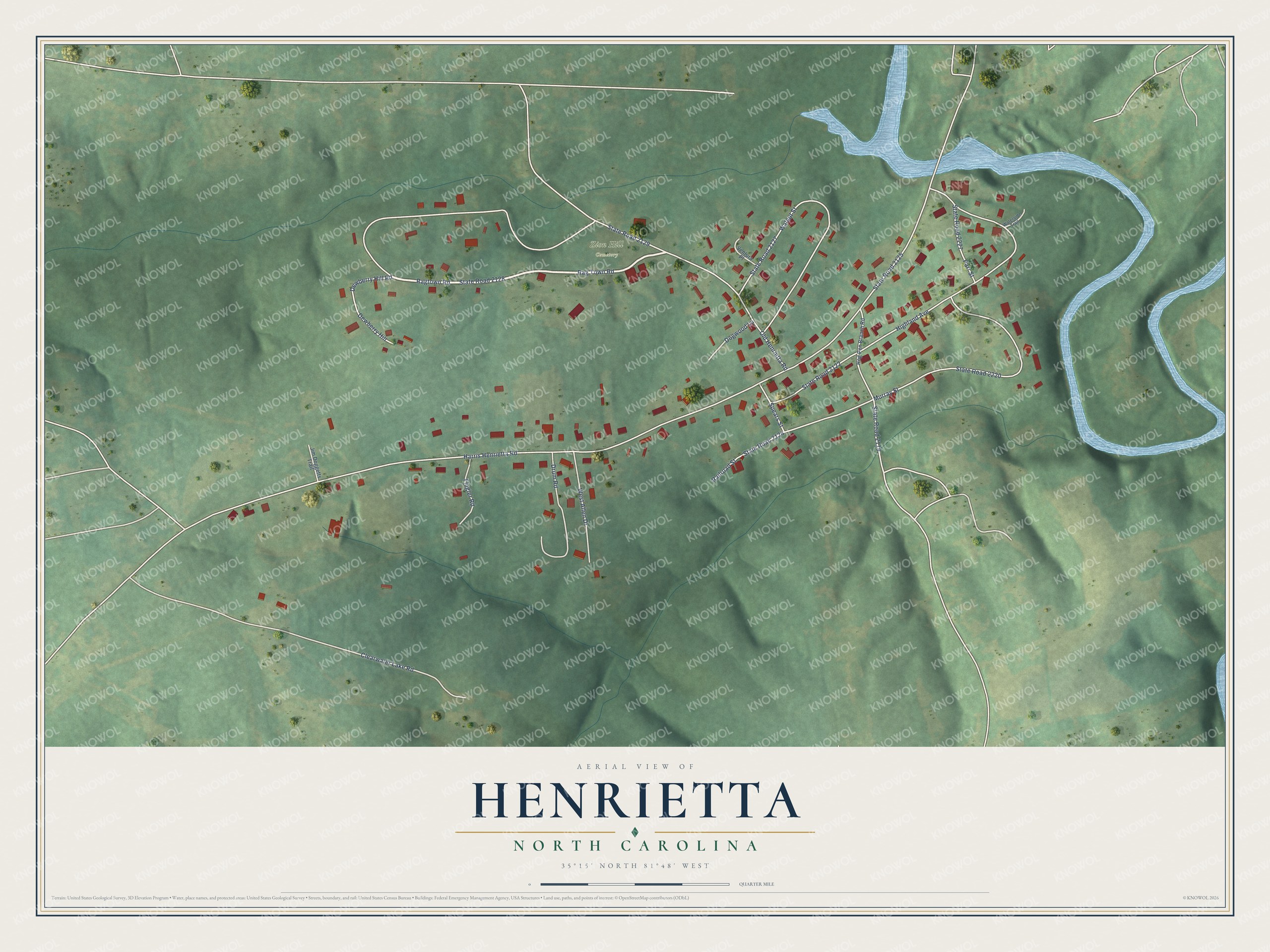 Full map of Henrietta, North Carolina, with red buildings, printed street names and the land around them