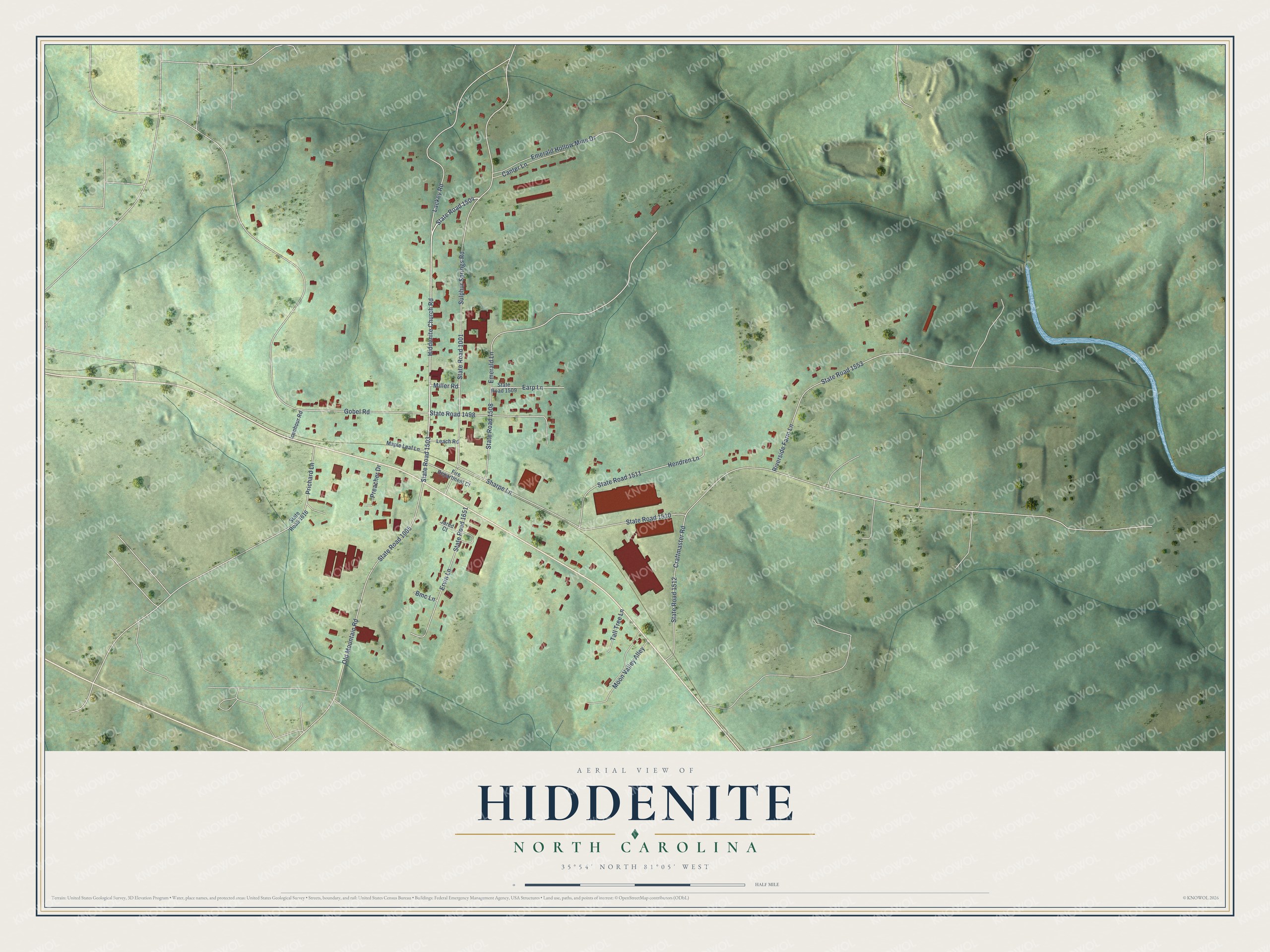 Full map of Hiddenite, North Carolina, with red buildings, printed street names and the land around them