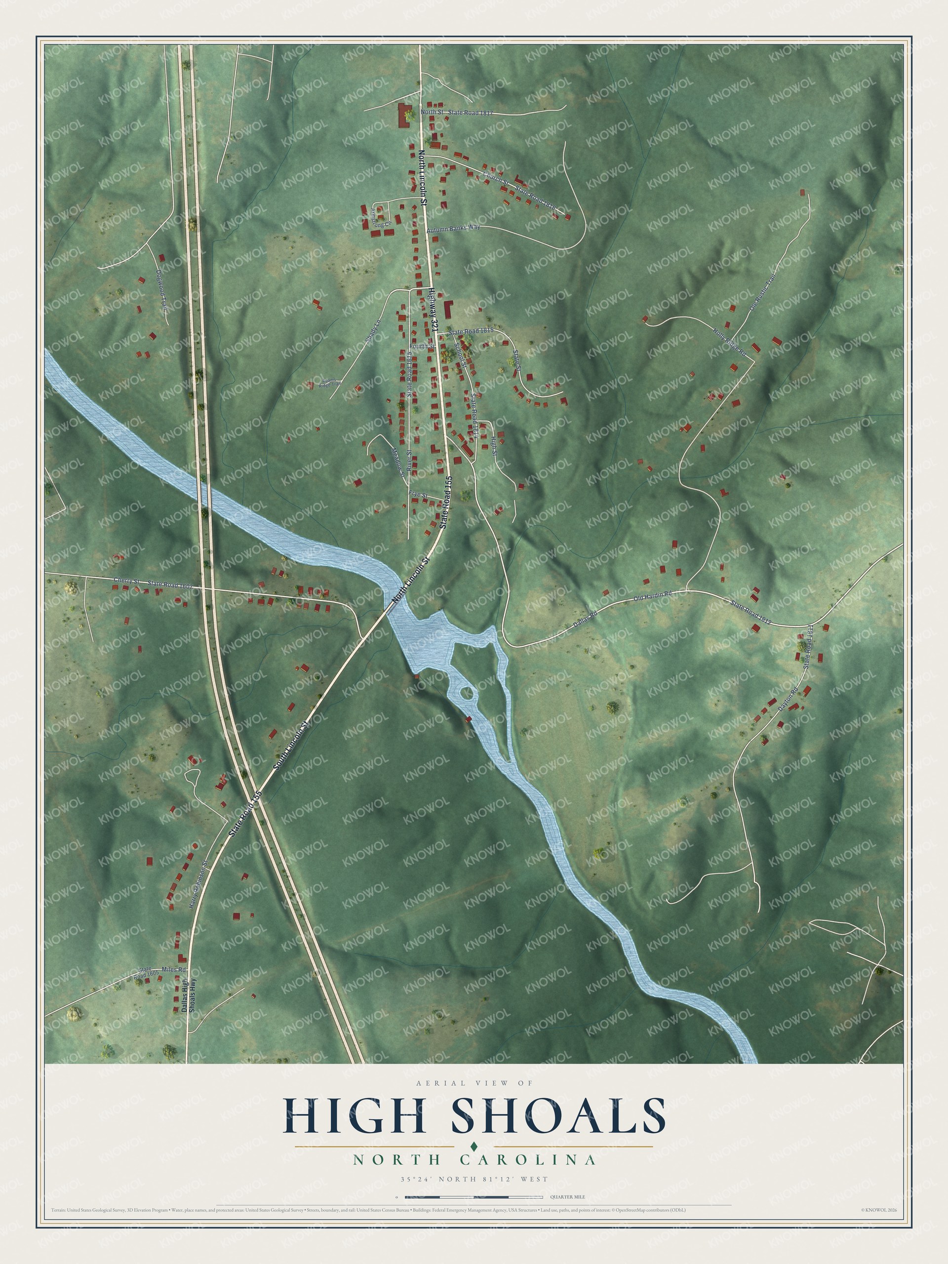 Full map of High Shoals, North Carolina, with red buildings, printed street names and the land around them
