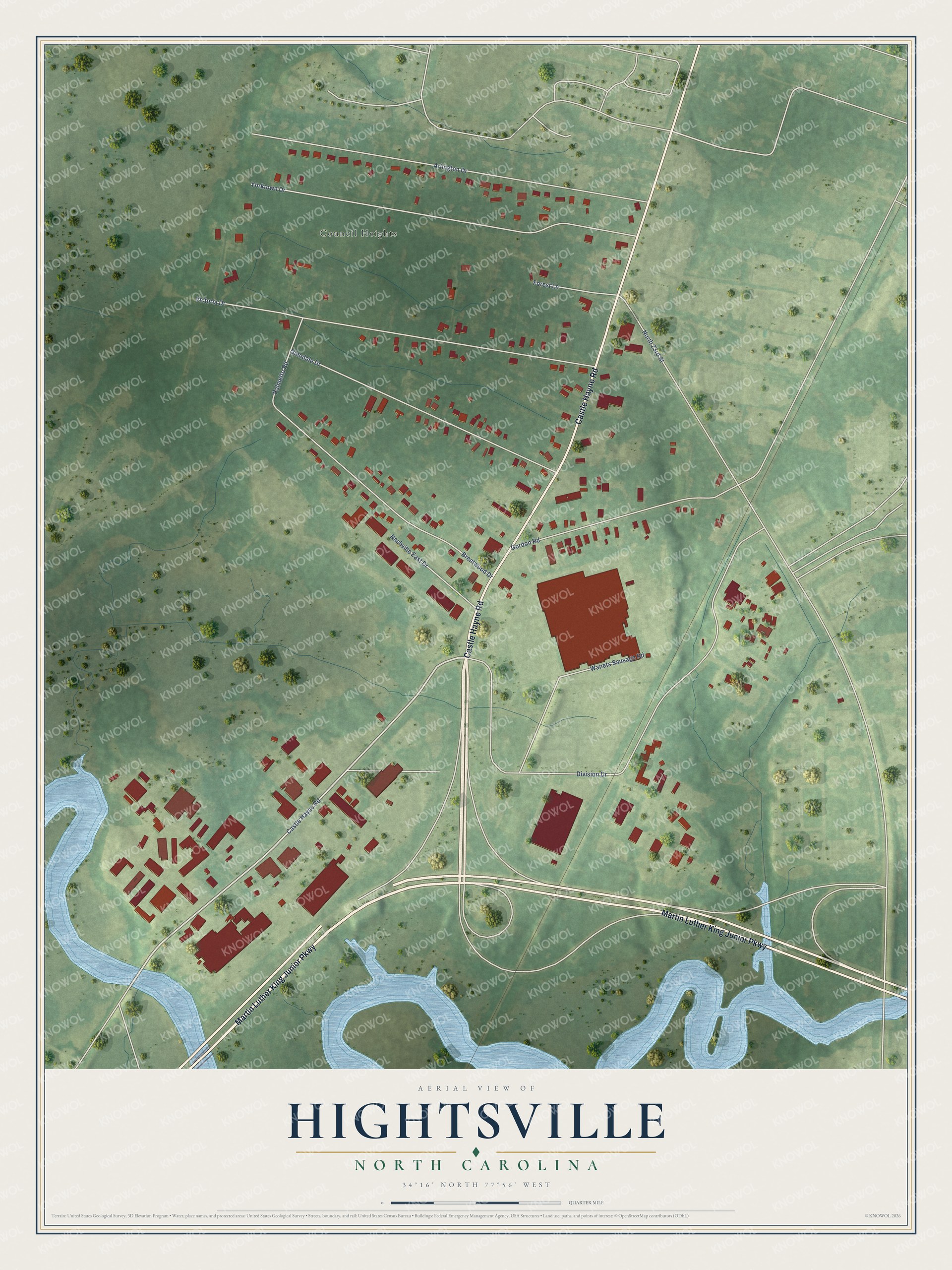 Full map of Hightsville, North Carolina, with red buildings, printed street names and the land around them