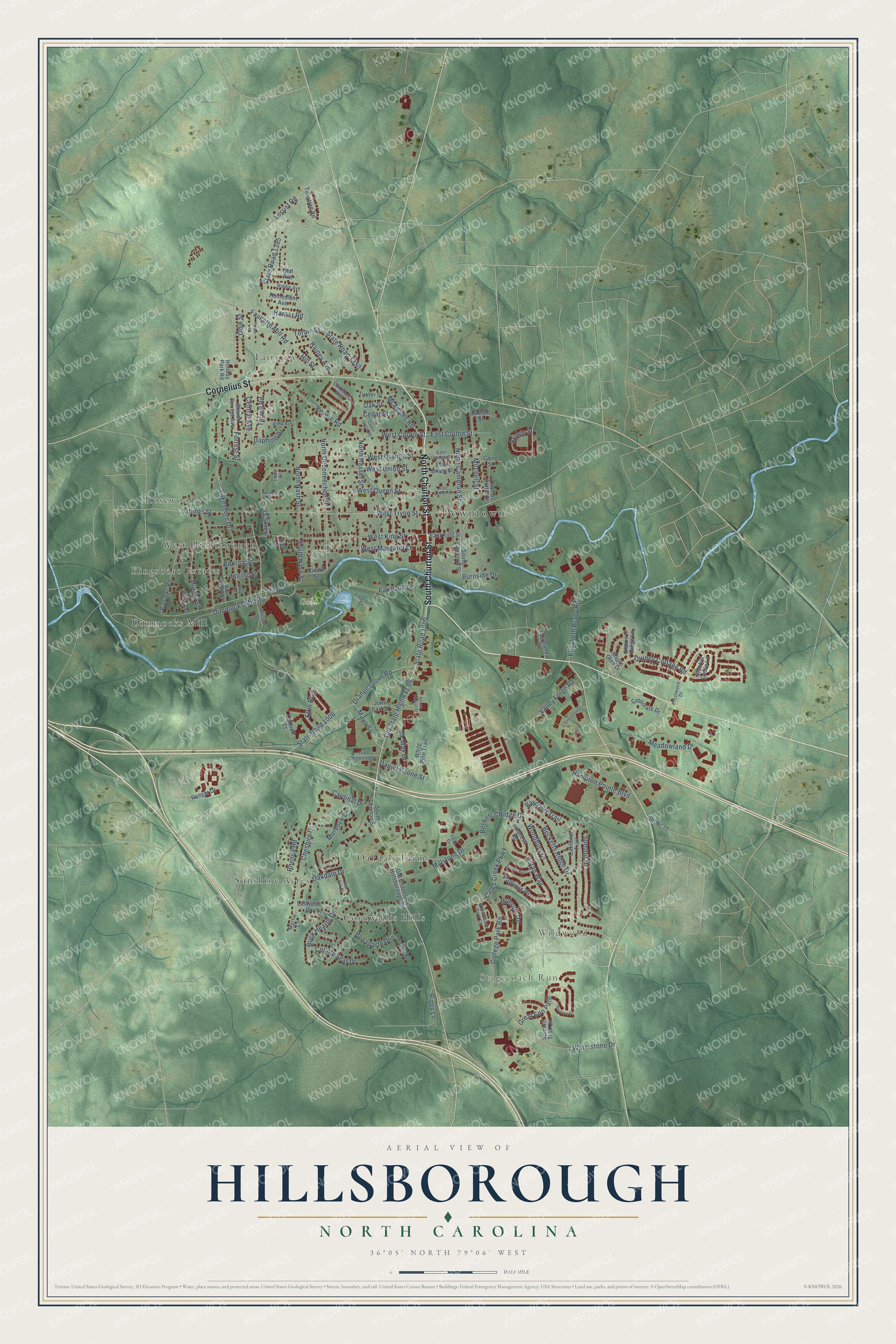 Full map of Hillsborough, North Carolina, with red buildings, printed street names and the land around them