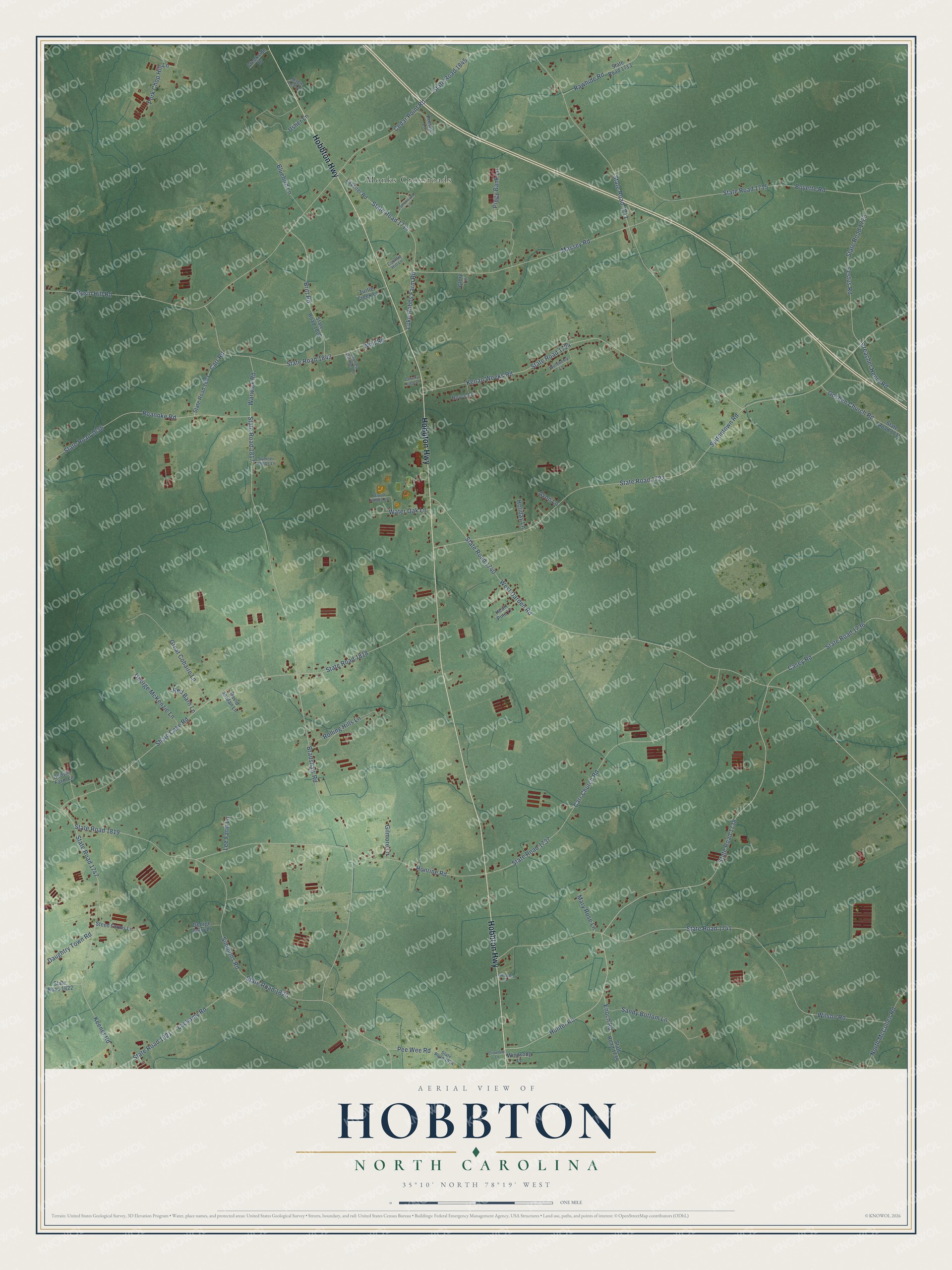 Full map of Hobbton, North Carolina, with red buildings, printed street names and the land around them
