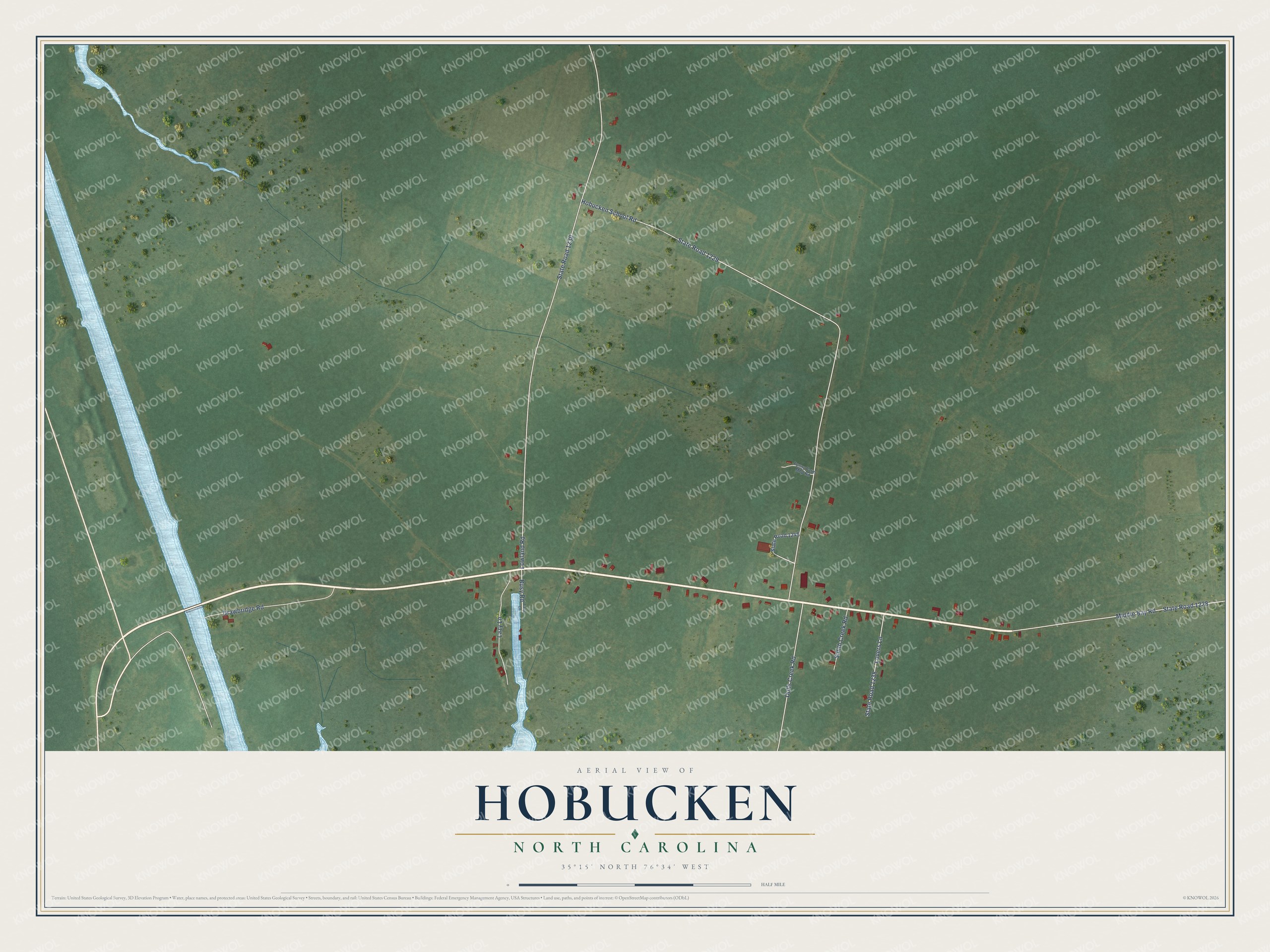 Full map of Hobucken, North Carolina, with red buildings, printed street names and the land around them