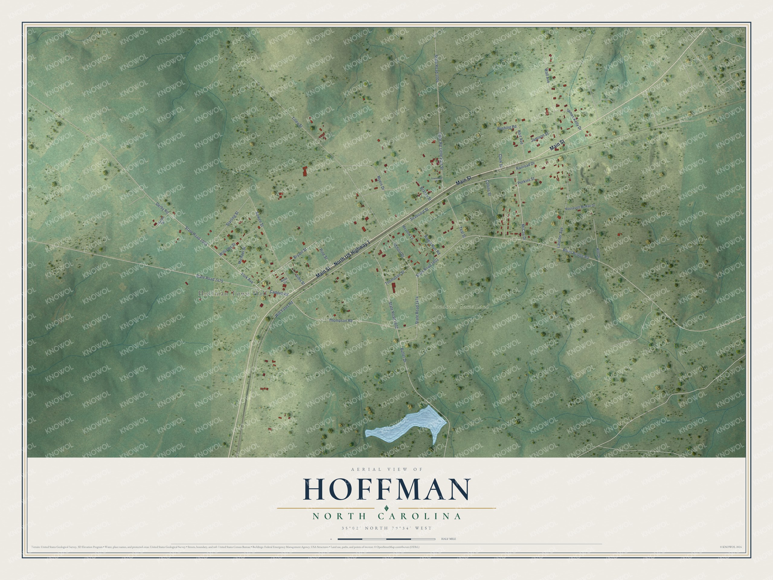 Full map of Hoffman, North Carolina, with red buildings, printed street names and the land around them