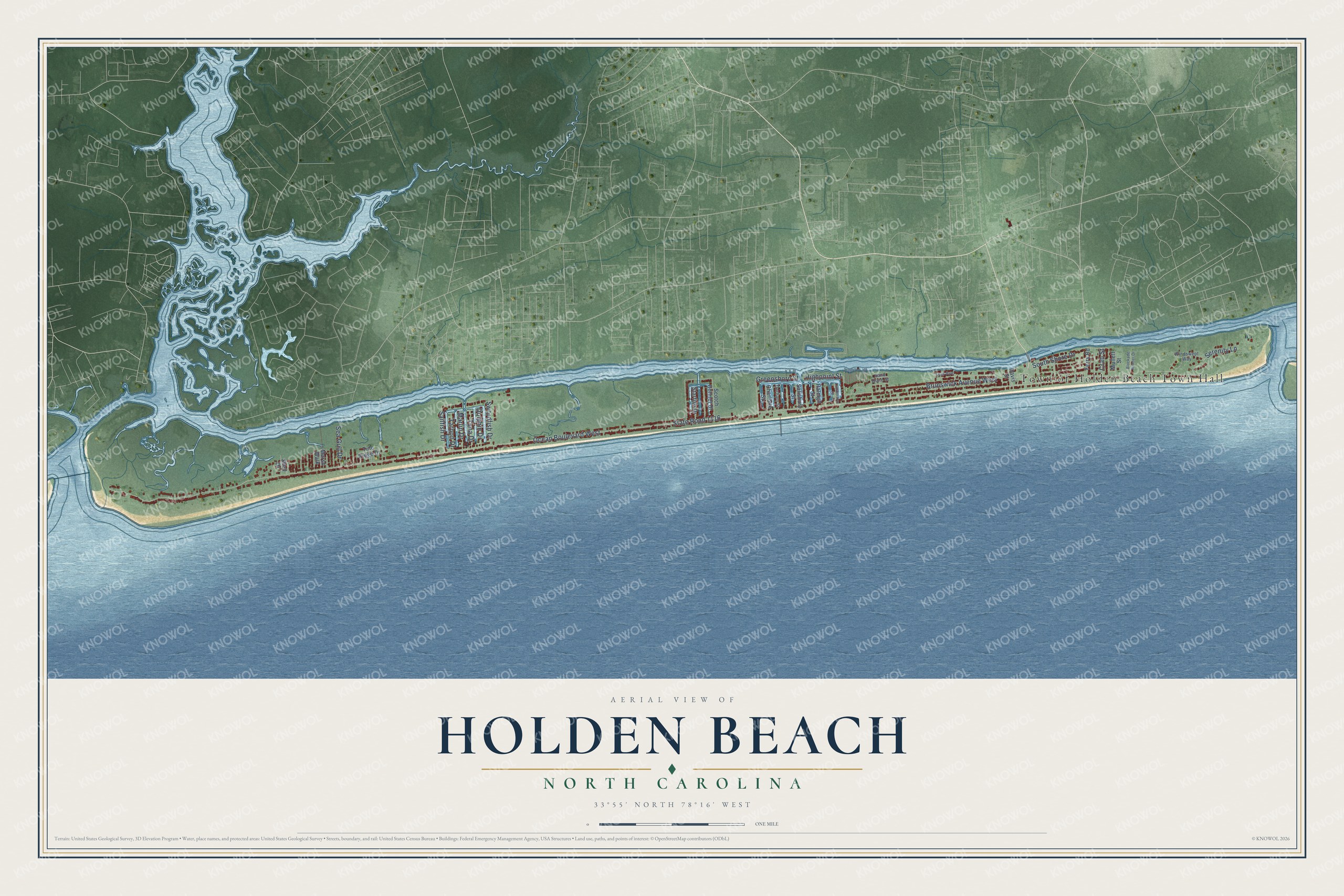 Full map of Holden Beach, North Carolina, with red buildings, printed street names and the land around them