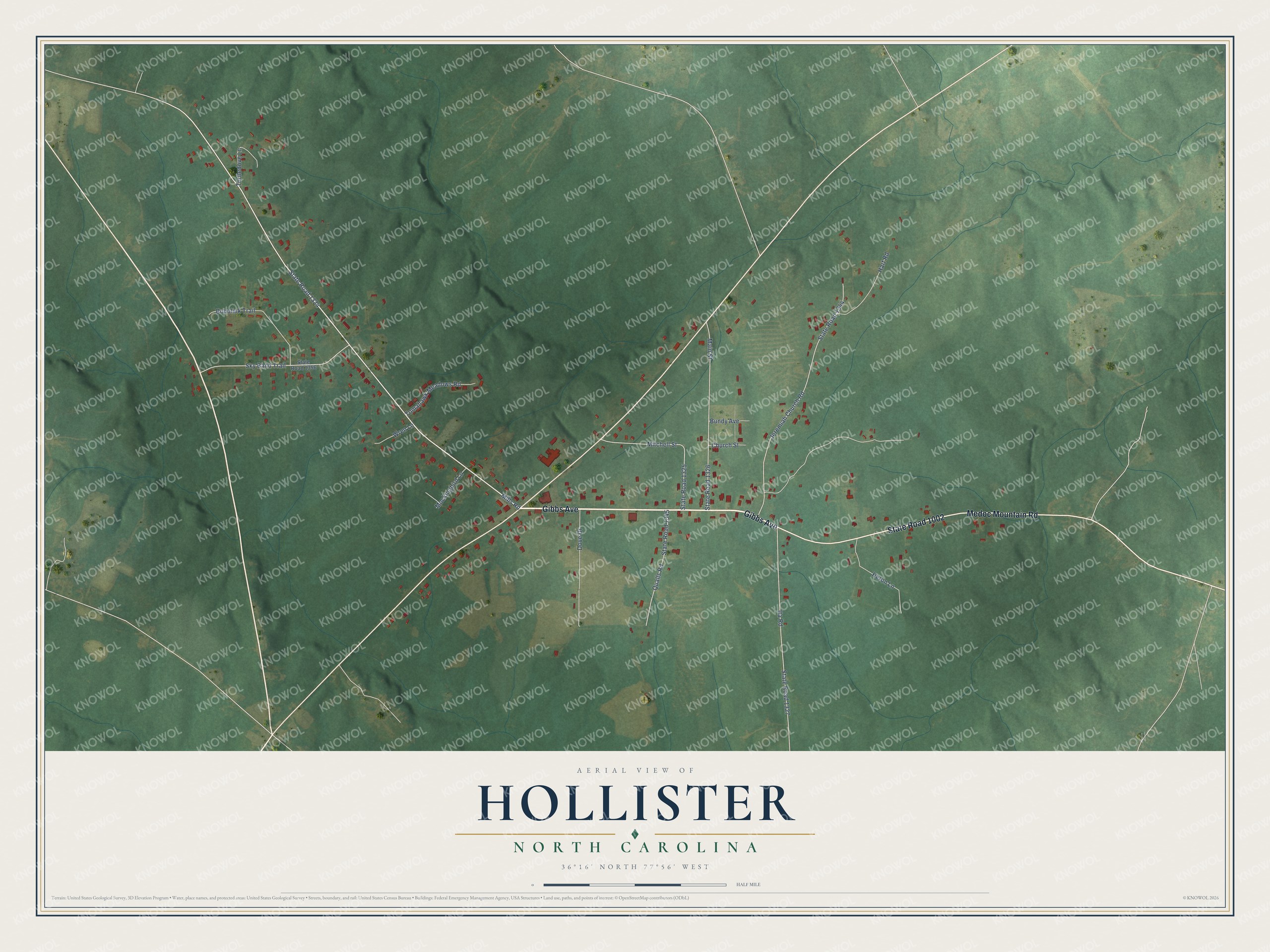 Full map of Hollister, North Carolina, with red buildings, printed street names and the land around them