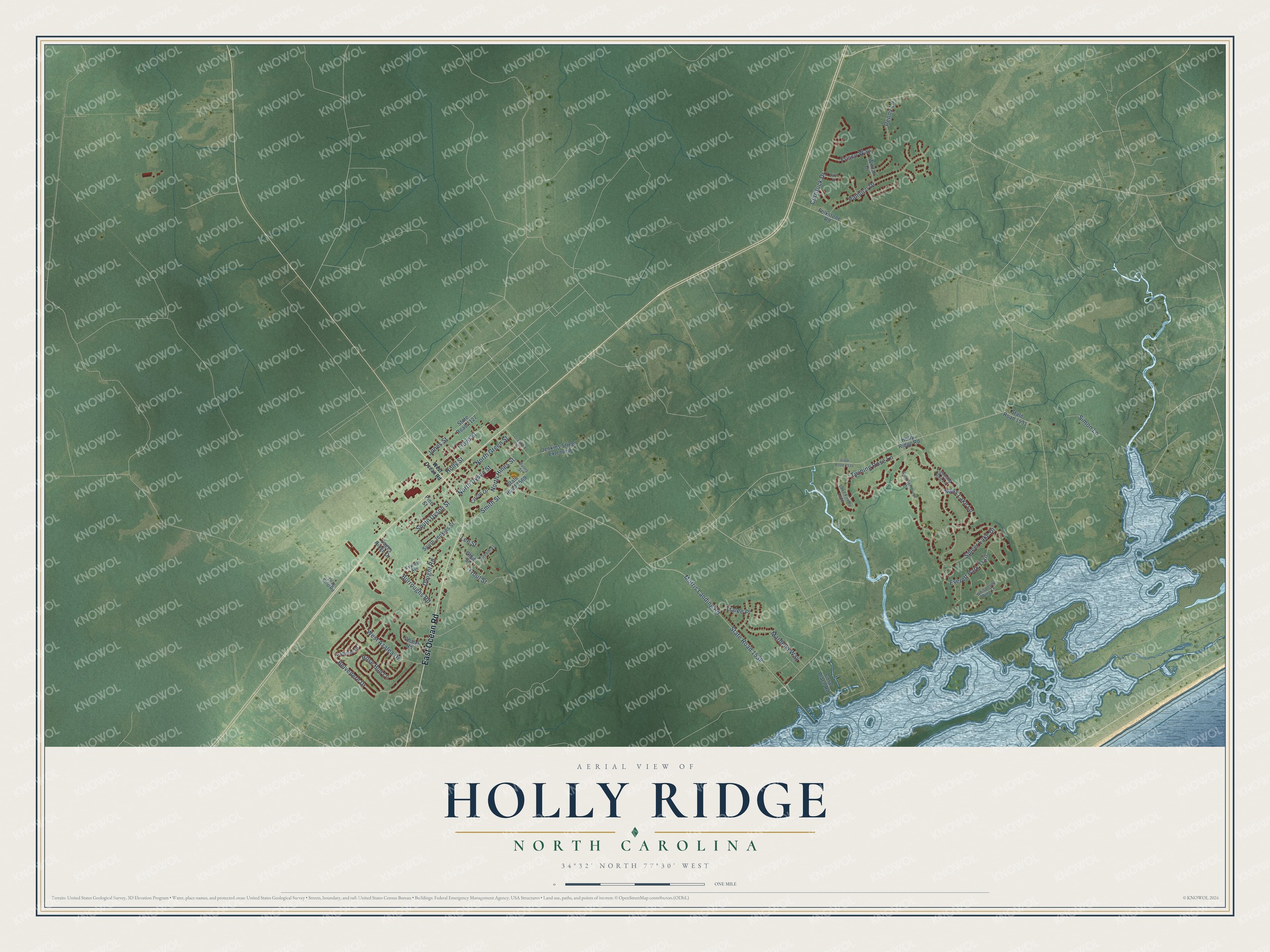 Full map of Holly Ridge, North Carolina, with red buildings, printed street names and the land around them