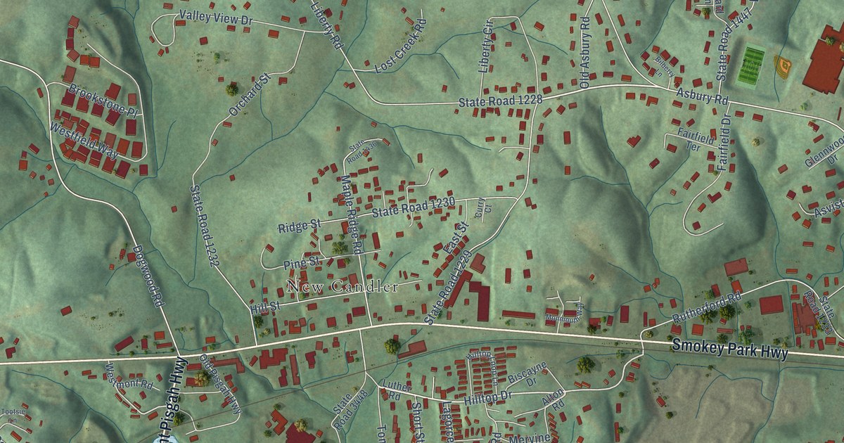 Close-up of streets and buildings in Hominy, North Carolina