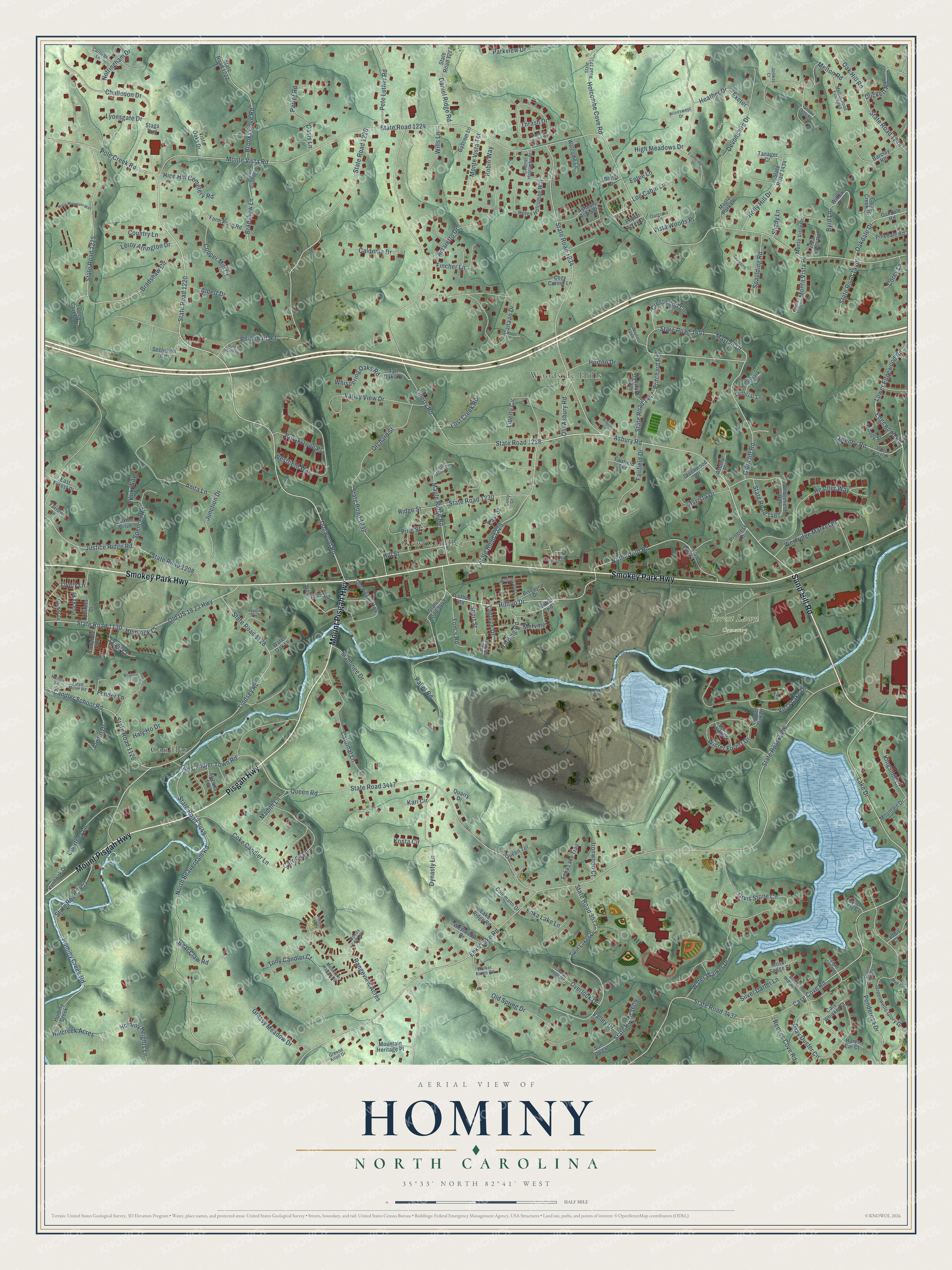 Full map of Hominy, North Carolina, with red buildings, printed street names and the land around them