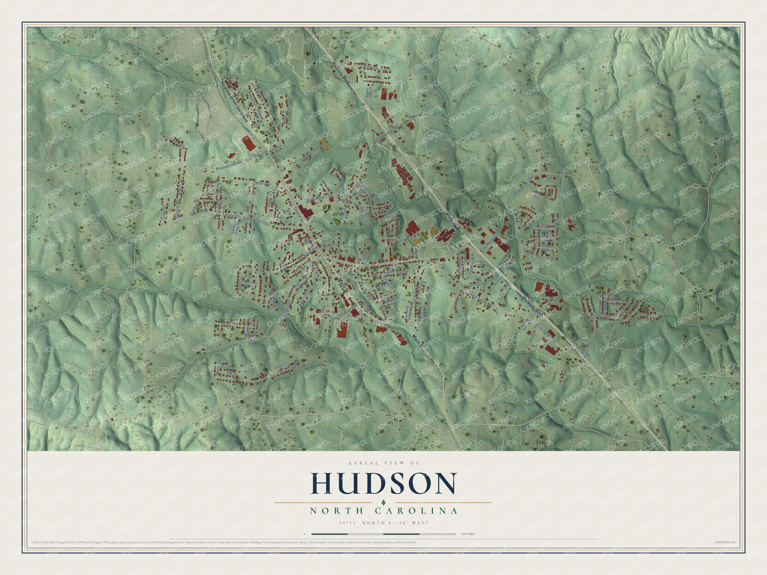 Watermarked full-map preview of Hudson, North Carolina