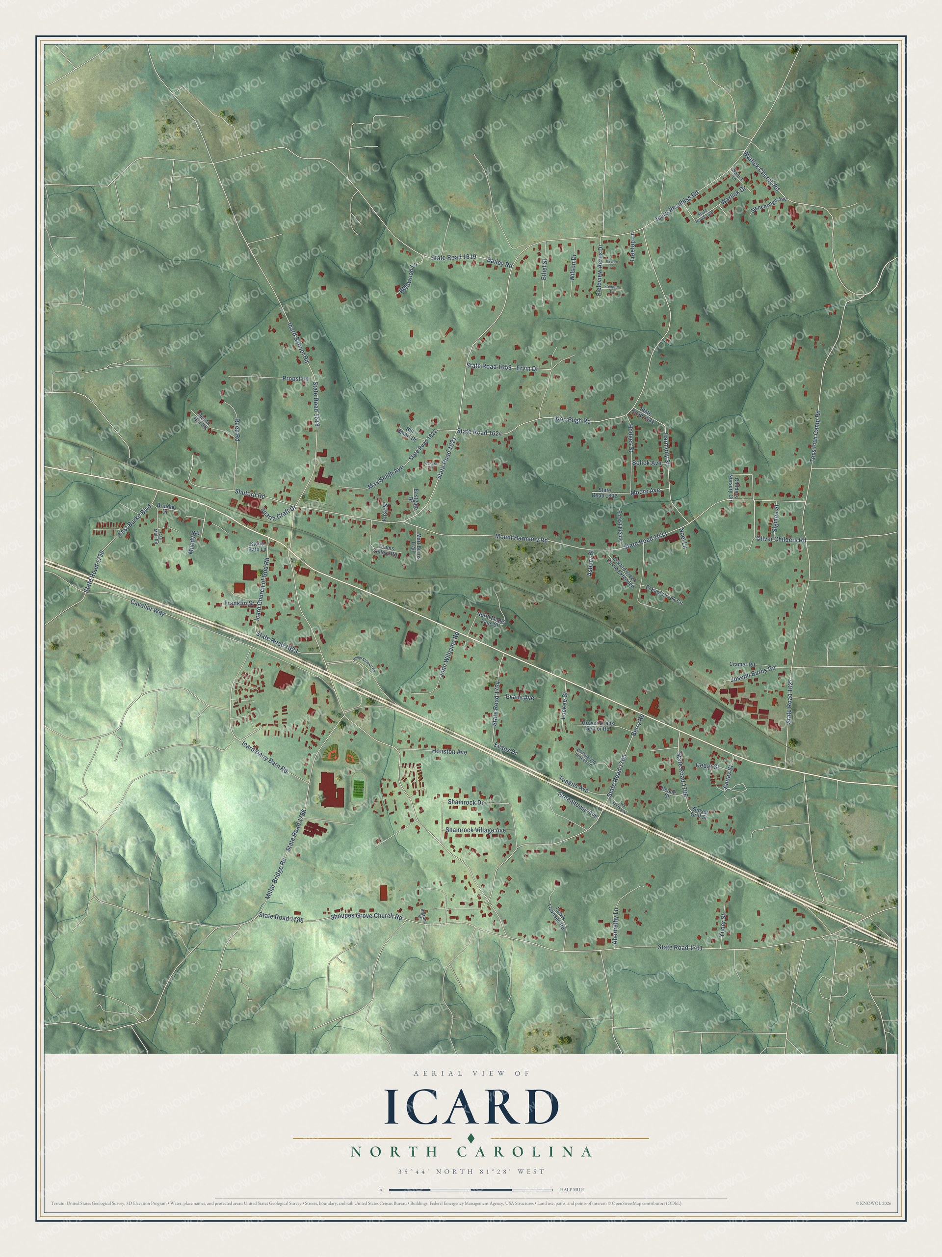 Full map of Icard, North Carolina, with red buildings, printed street names and the land around them