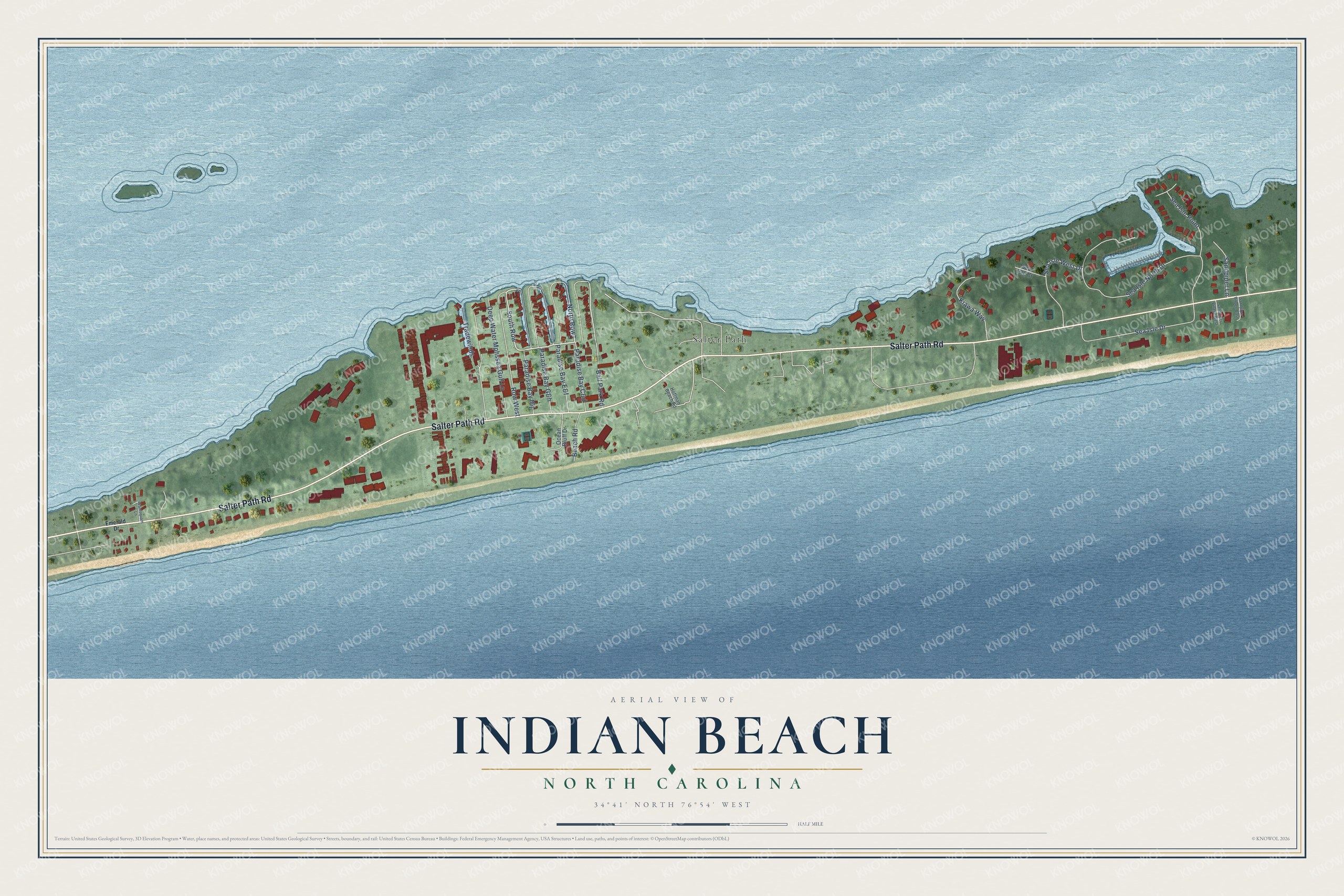 Full map of Indian Beach, North Carolina, with red buildings, printed street names and the land around them