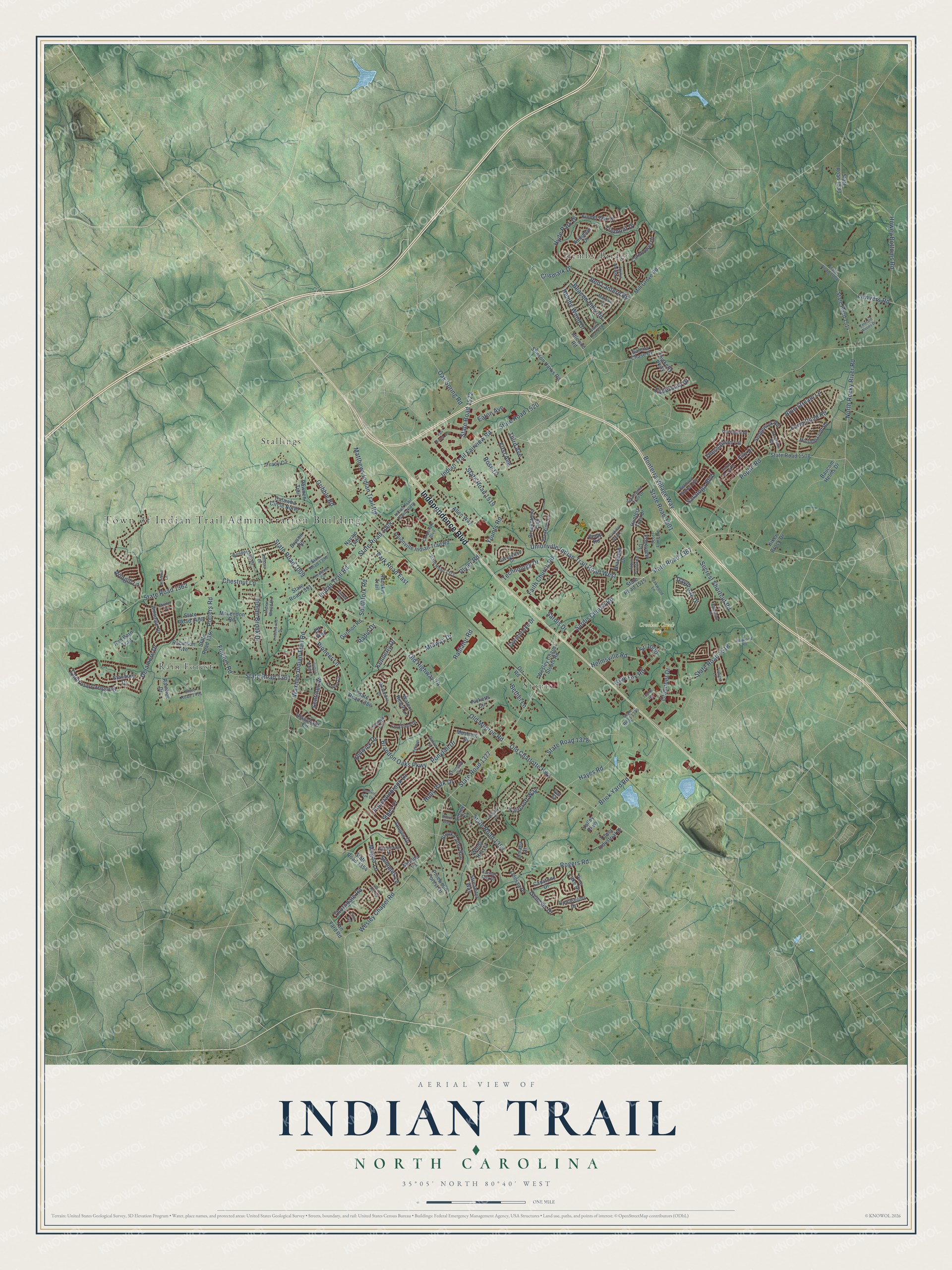 Watermarked full-map preview of Indian Trail, North Carolina