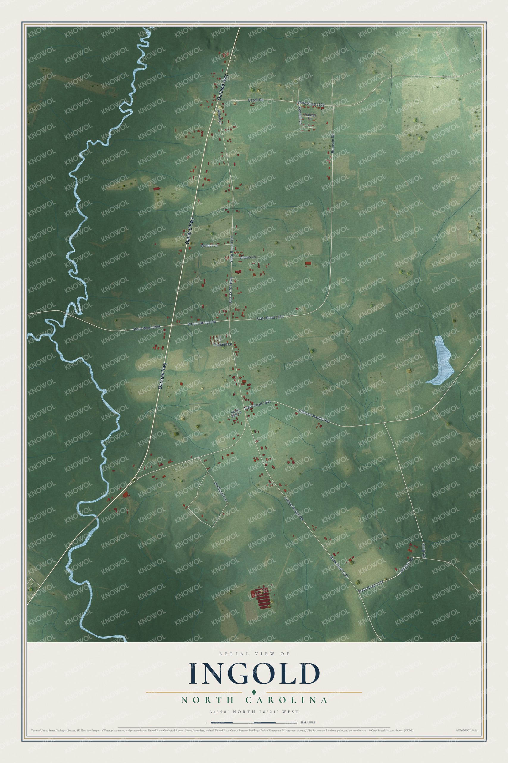 Full map of Ingold, North Carolina, with red buildings, printed street names and the land around them