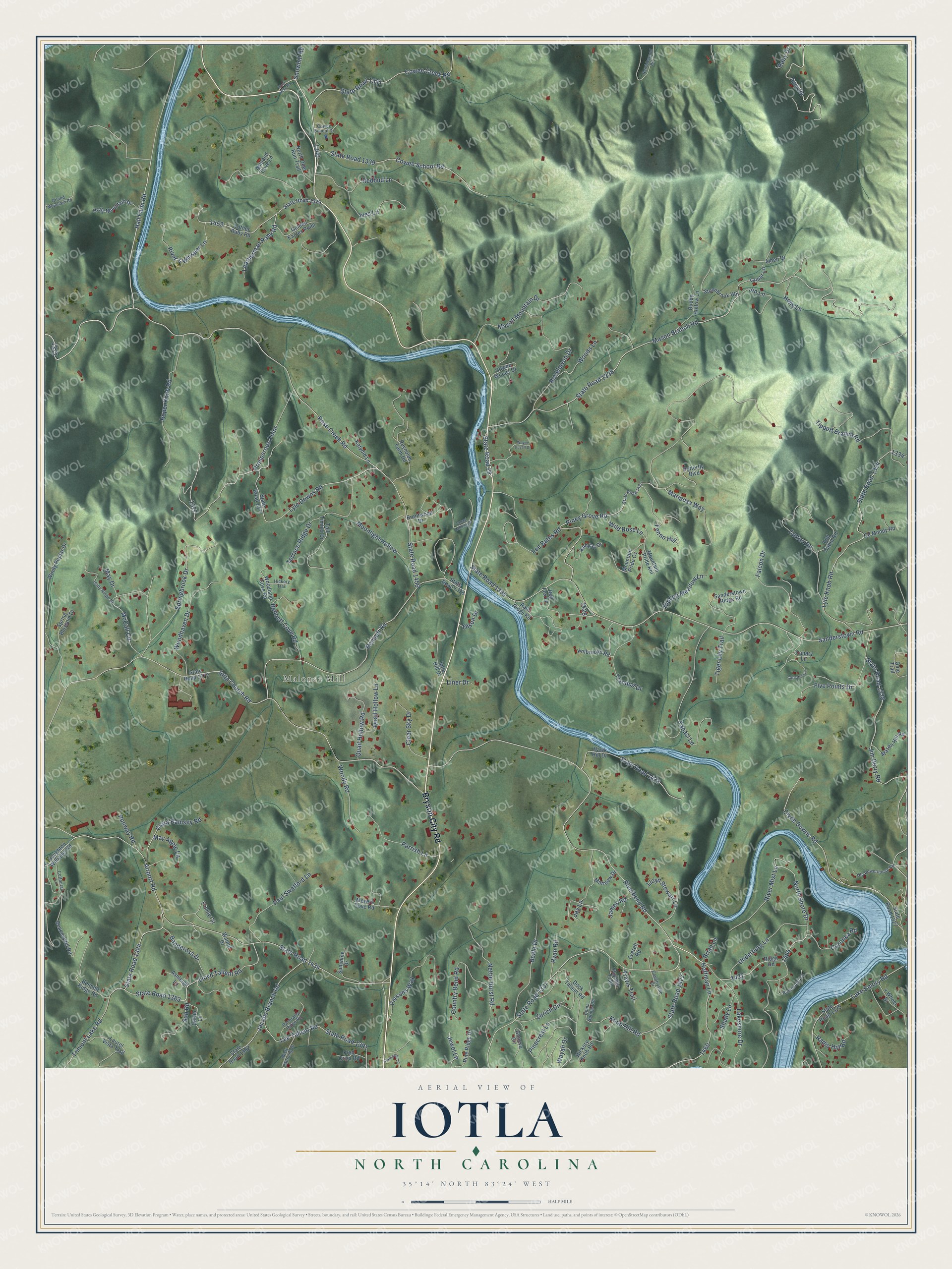 Full map of Iotla, North Carolina, with red buildings, printed street names and the land around them