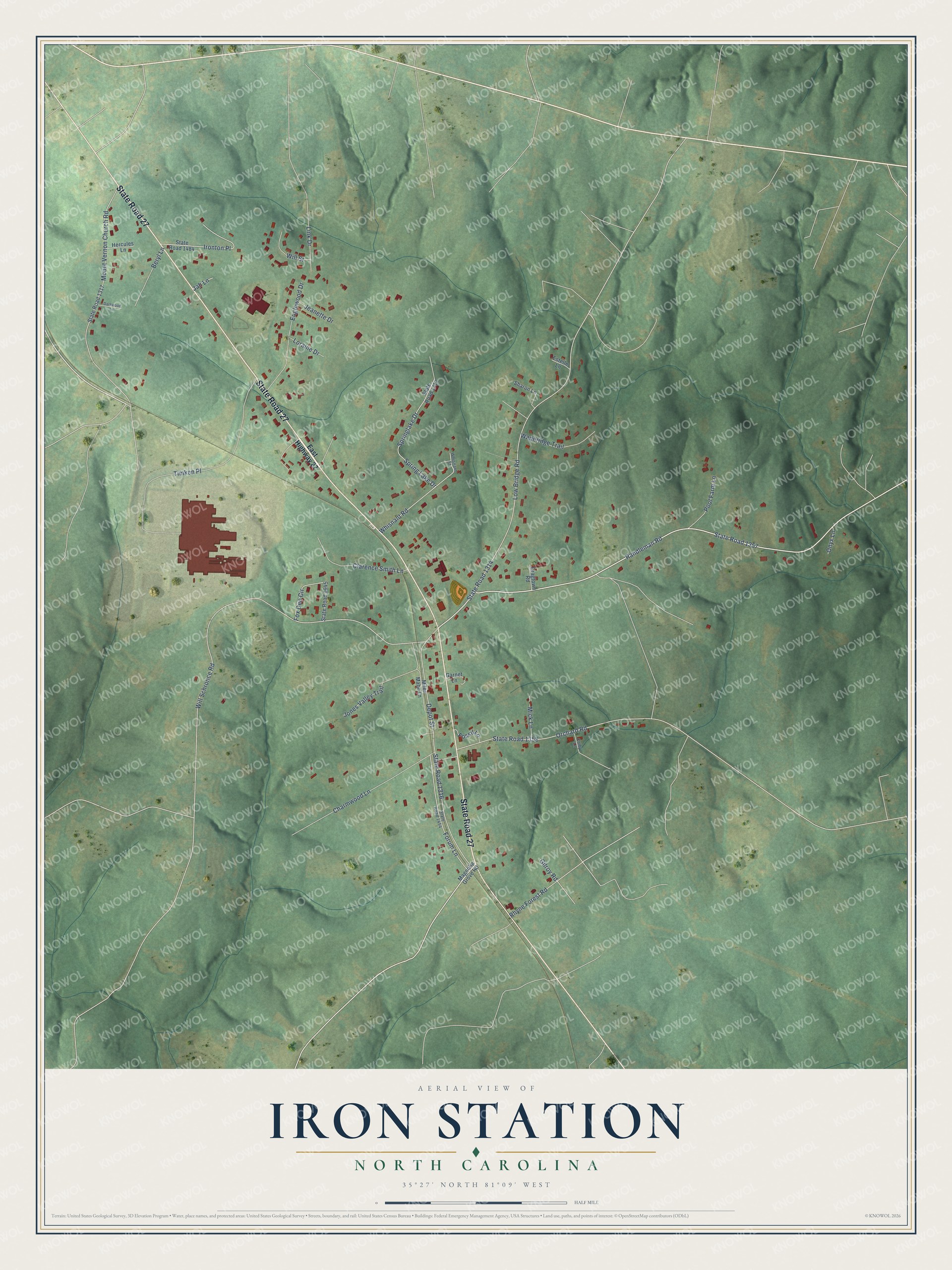 Full map of Iron Station, North Carolina, with red buildings, printed street names and the land around them