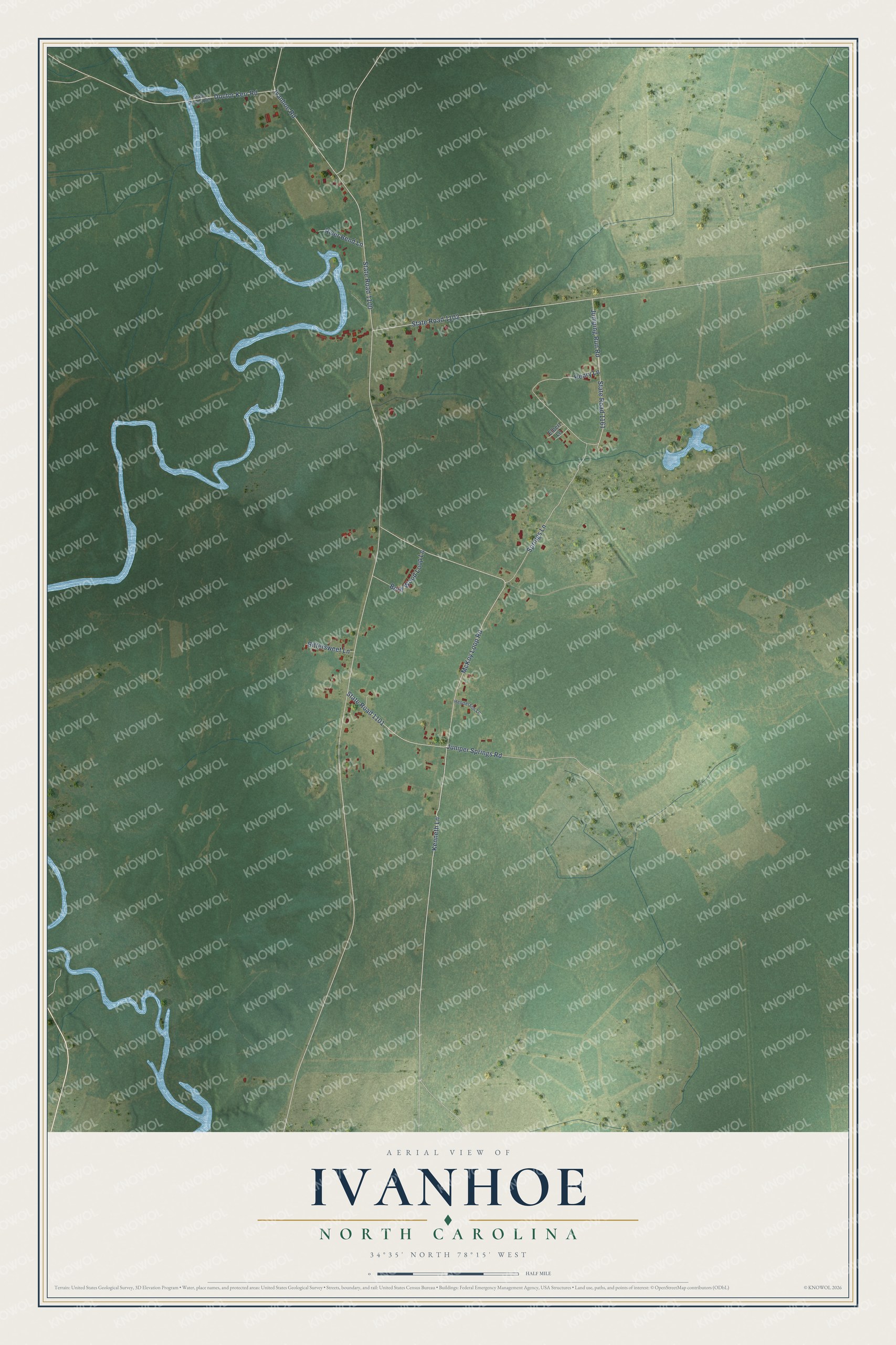 Full map of Ivanhoe, North Carolina, with red buildings, printed street names and the land around them