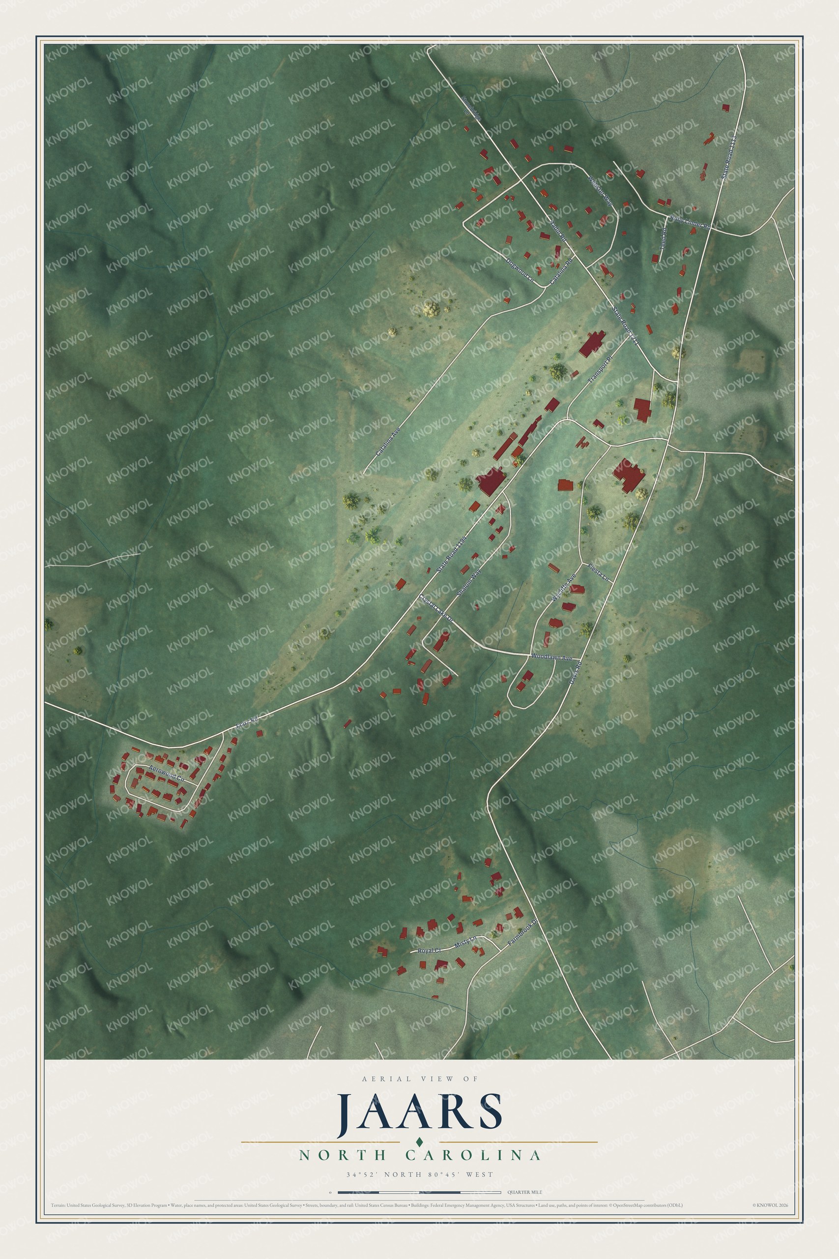 Full map of JAARS, North Carolina, with red buildings, printed street names and the land around them