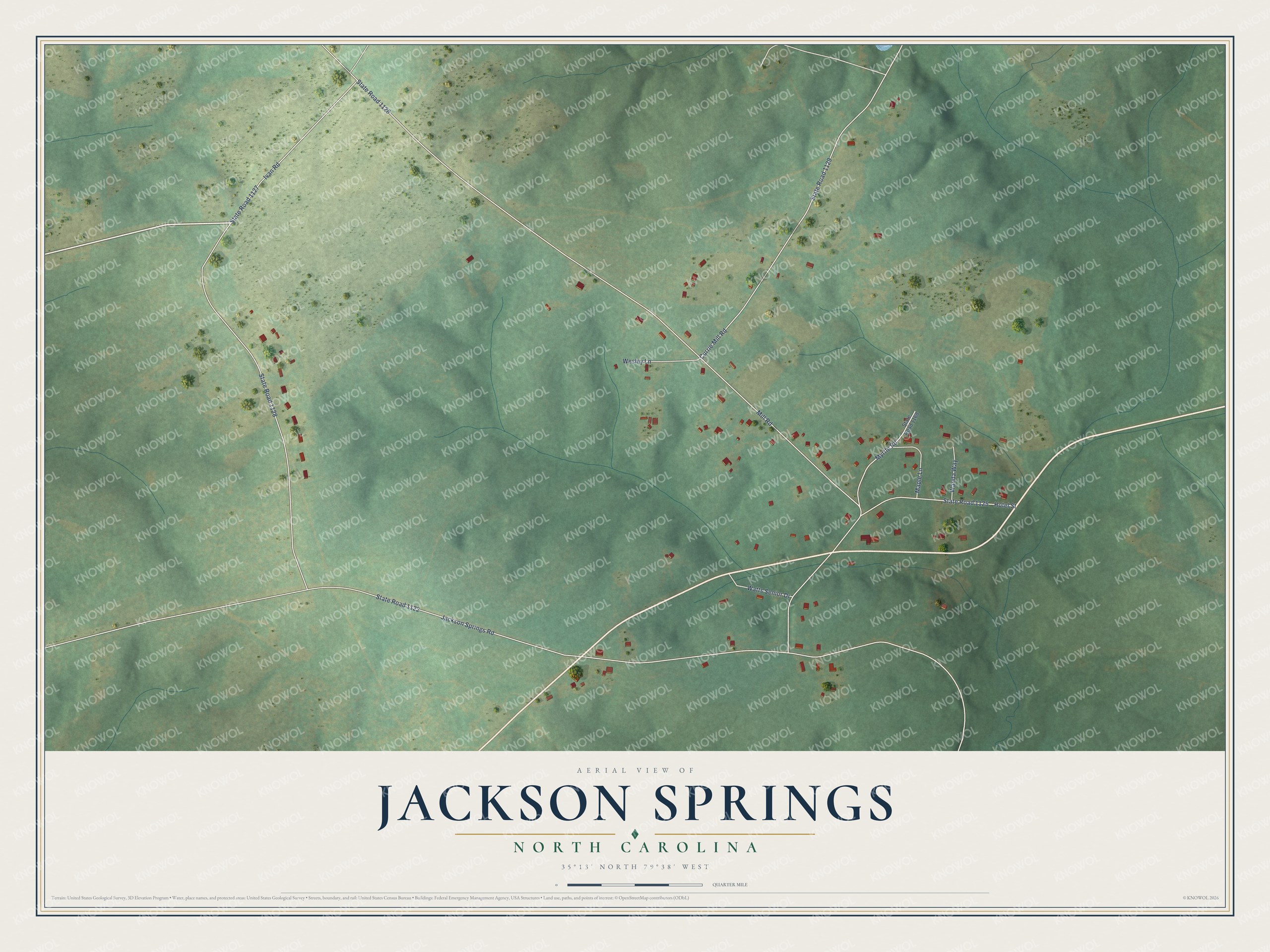 Full map of Jackson Springs, North Carolina, with red buildings, printed street names and the land around them