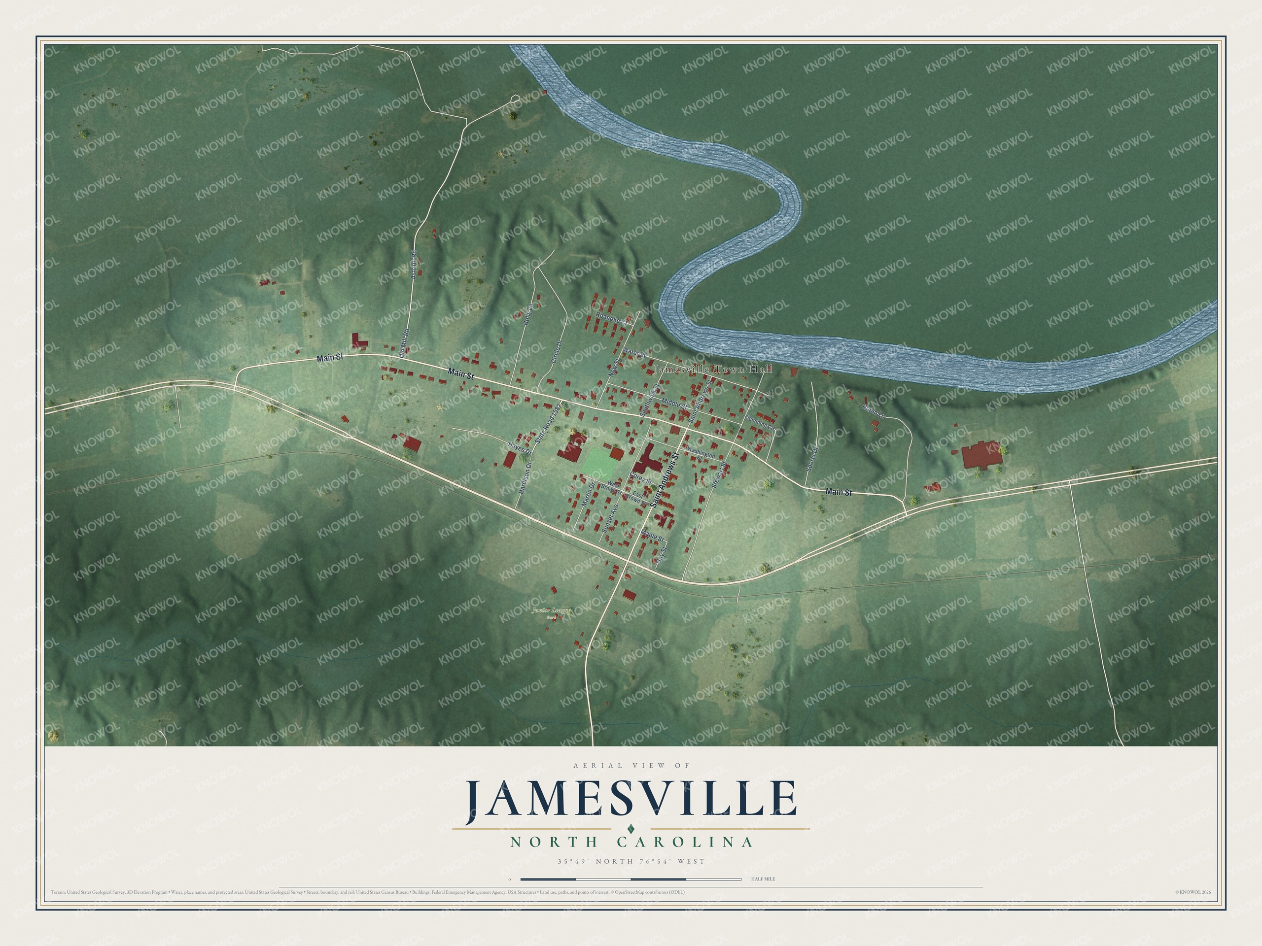 Full map of Jamesville, North Carolina, with red buildings, printed street names and the land around them