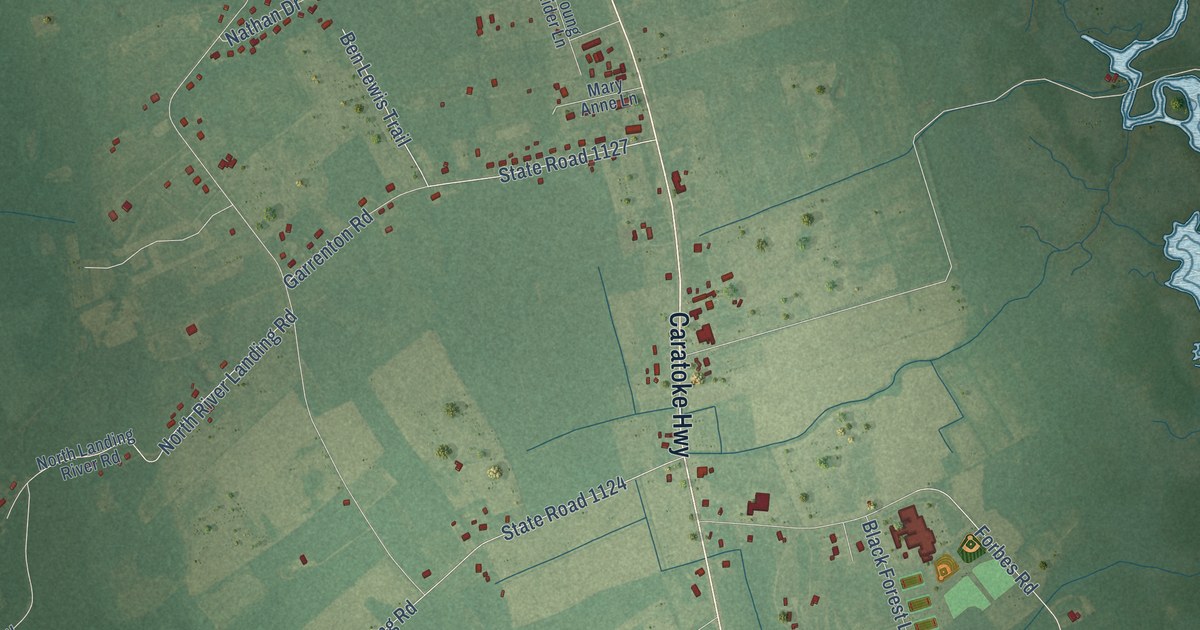 Close-up of streets and buildings in Jarvisburg, North Carolina