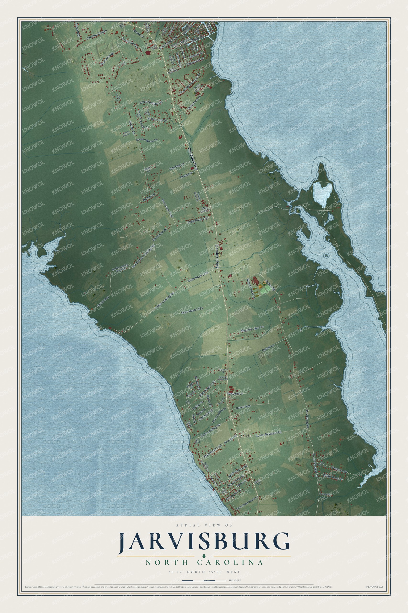 Full map of Jarvisburg, North Carolina, with red buildings, printed street names and the land around them