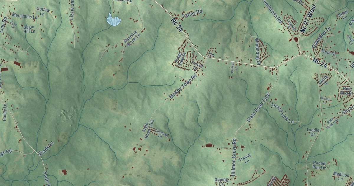 Close-up of streets and buildings in Johnsonville, North Carolina