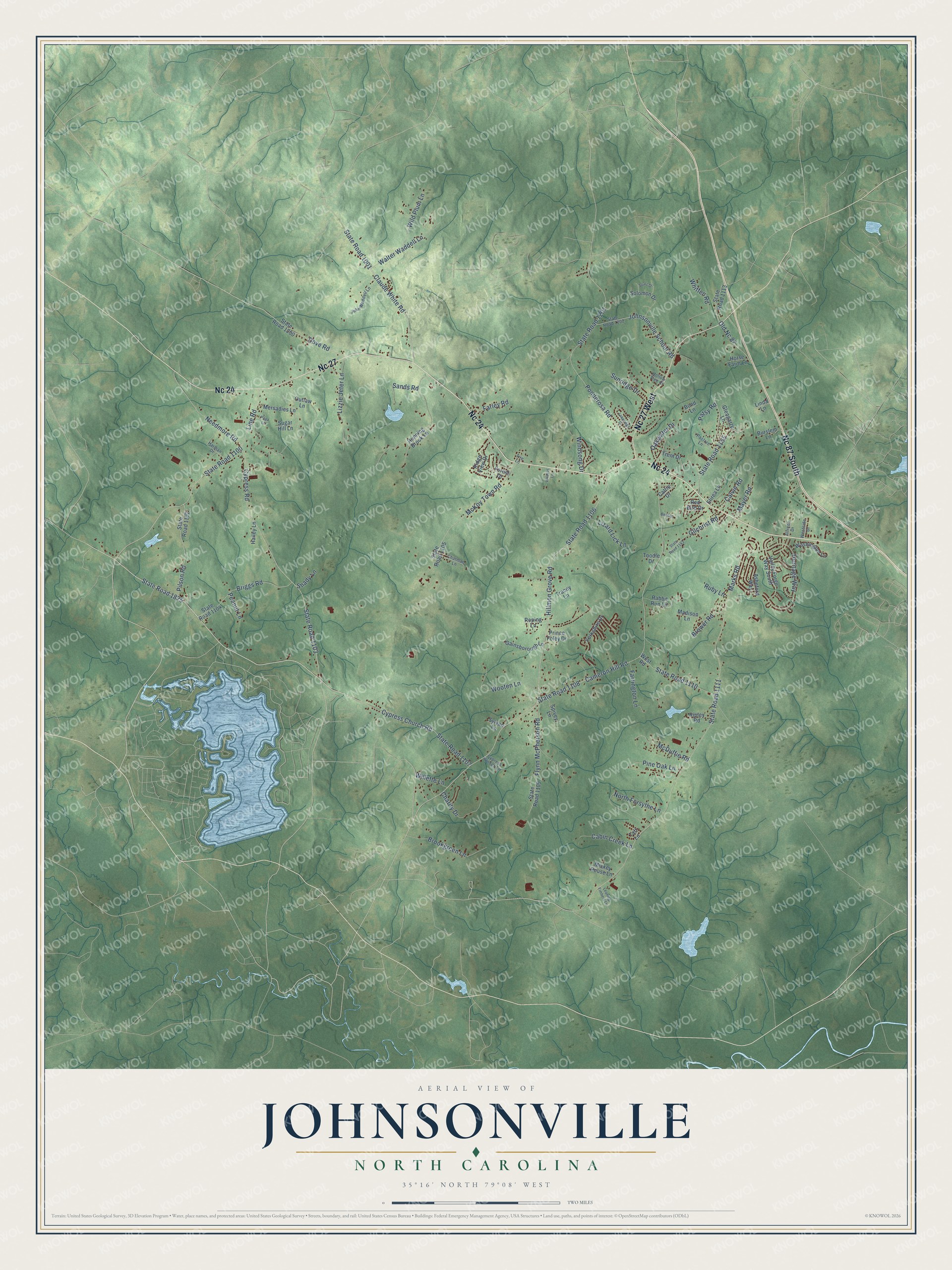 Full map of Johnsonville, North Carolina, with red buildings, printed street names and the land around them