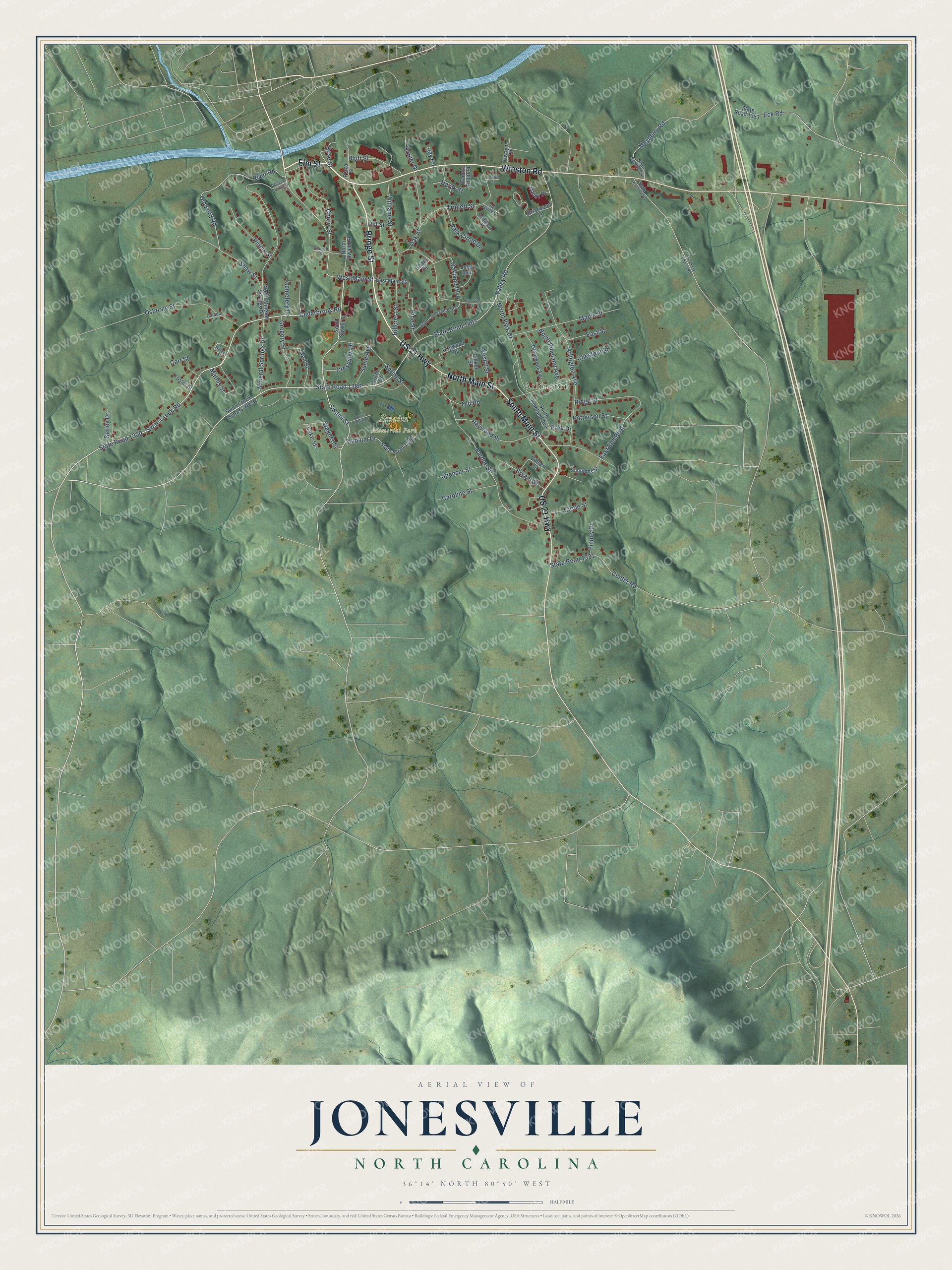 Full map of Jonesville, North Carolina, with red buildings, printed street names and the land around them