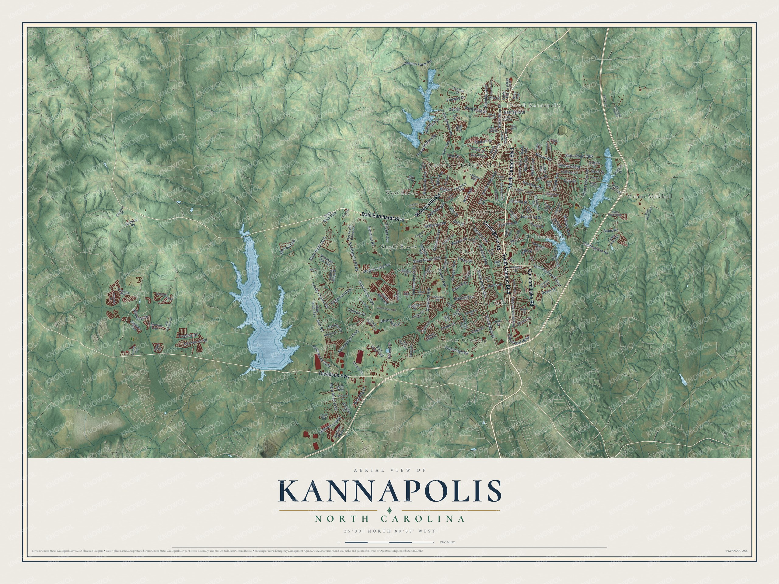 Full map of Kannapolis, North Carolina, with red buildings, printed street names and the land around them