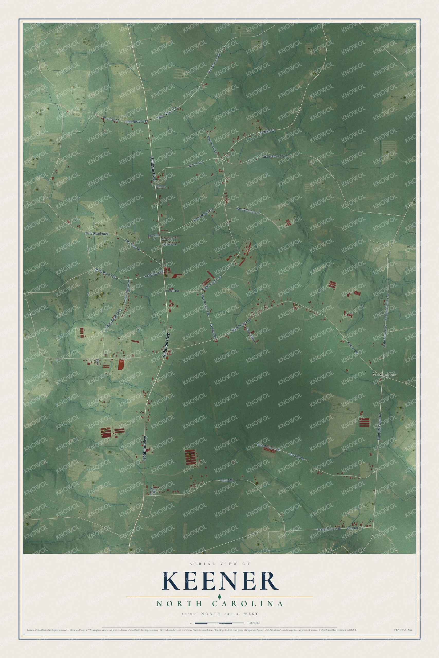 Full map of Keener, North Carolina, with red buildings, printed street names and the land around them