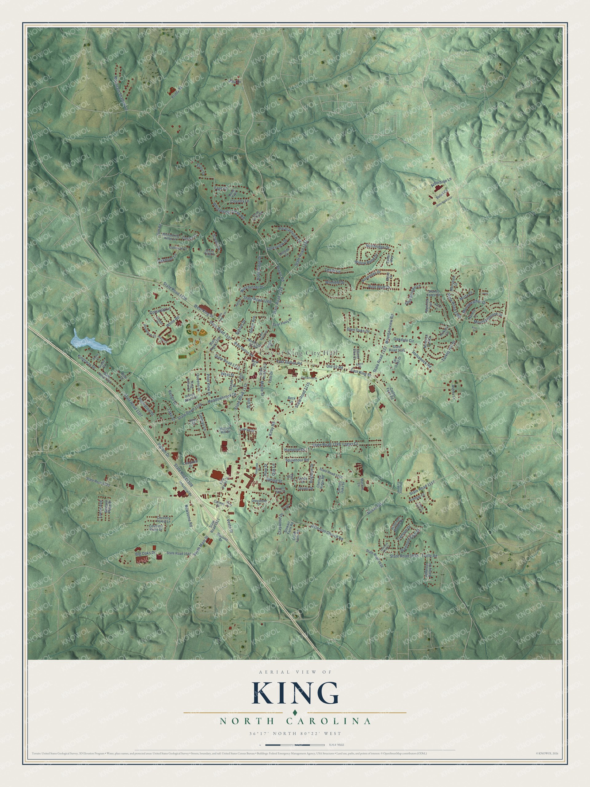 Full map of King, North Carolina, with red buildings, printed street names and the land around them