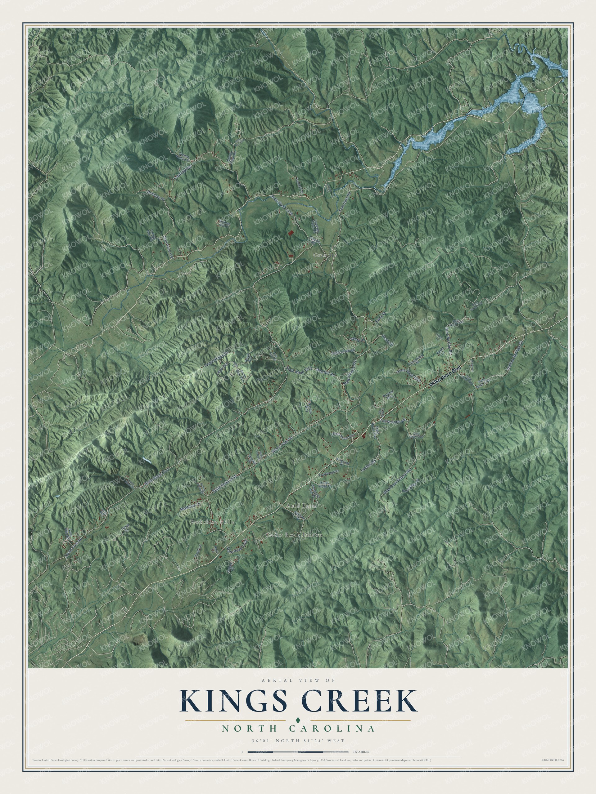 Full map of Kings Creek, North Carolina, with red buildings, printed street names and the land around them
