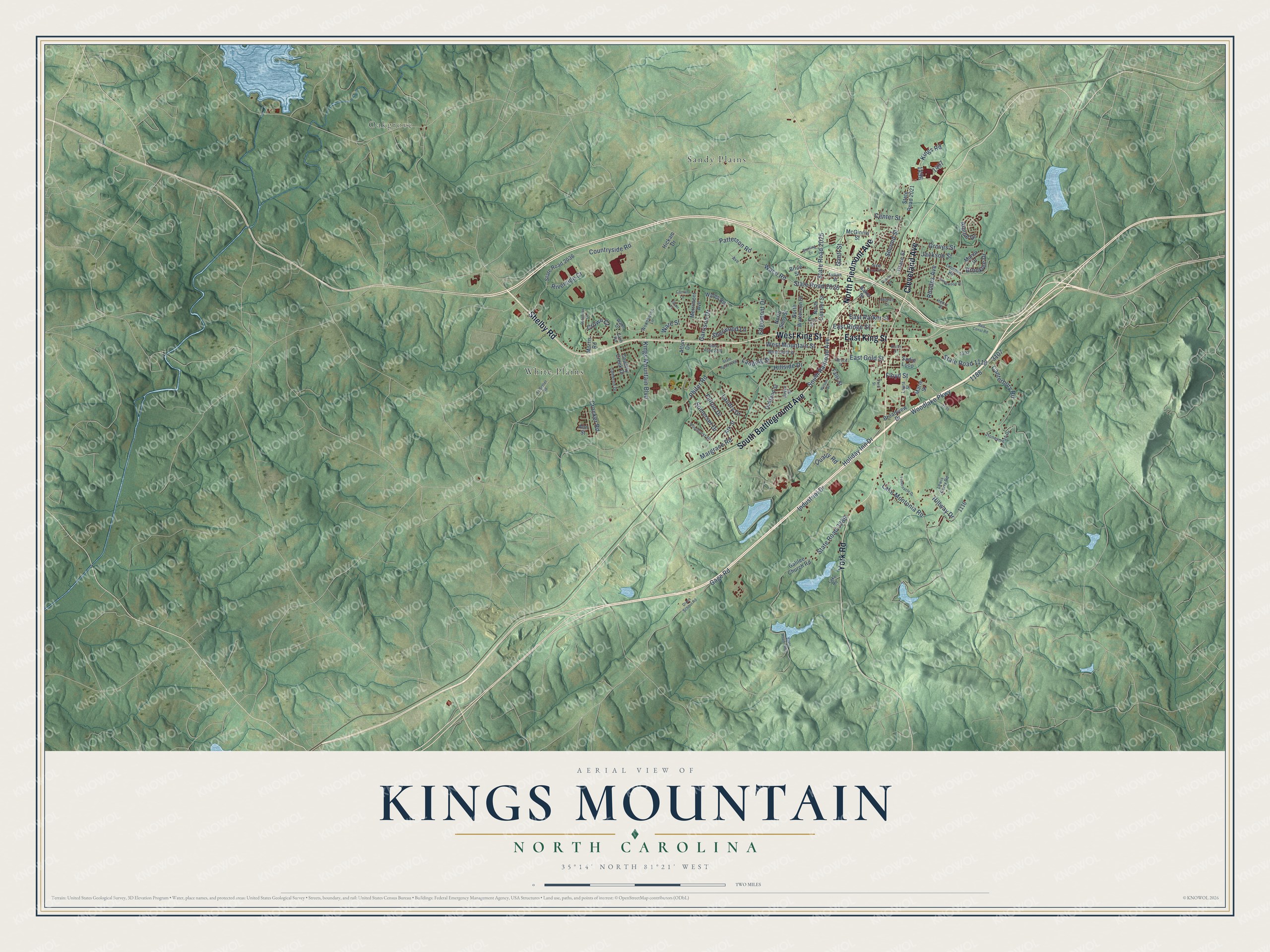 Full map of Kings Mountain, North Carolina, with red buildings, printed street names and the land around them