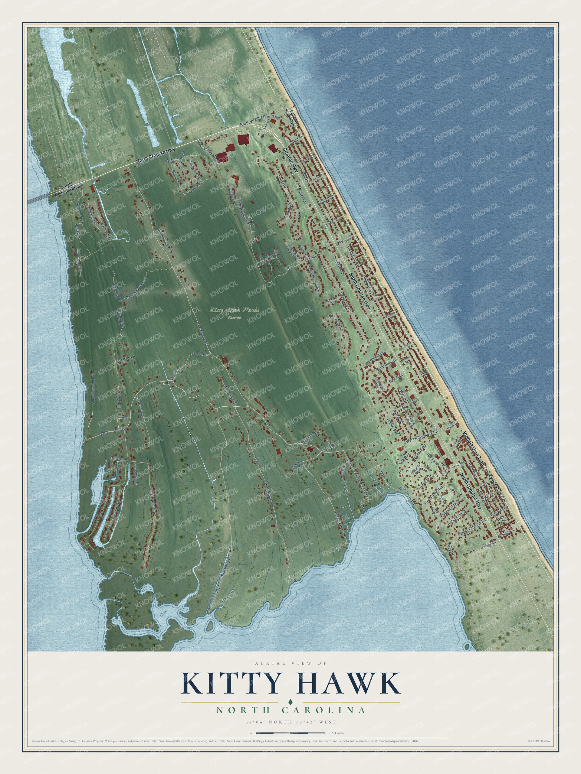 Full map of Kitty Hawk, North Carolina, with red buildings, printed street names and the land around them