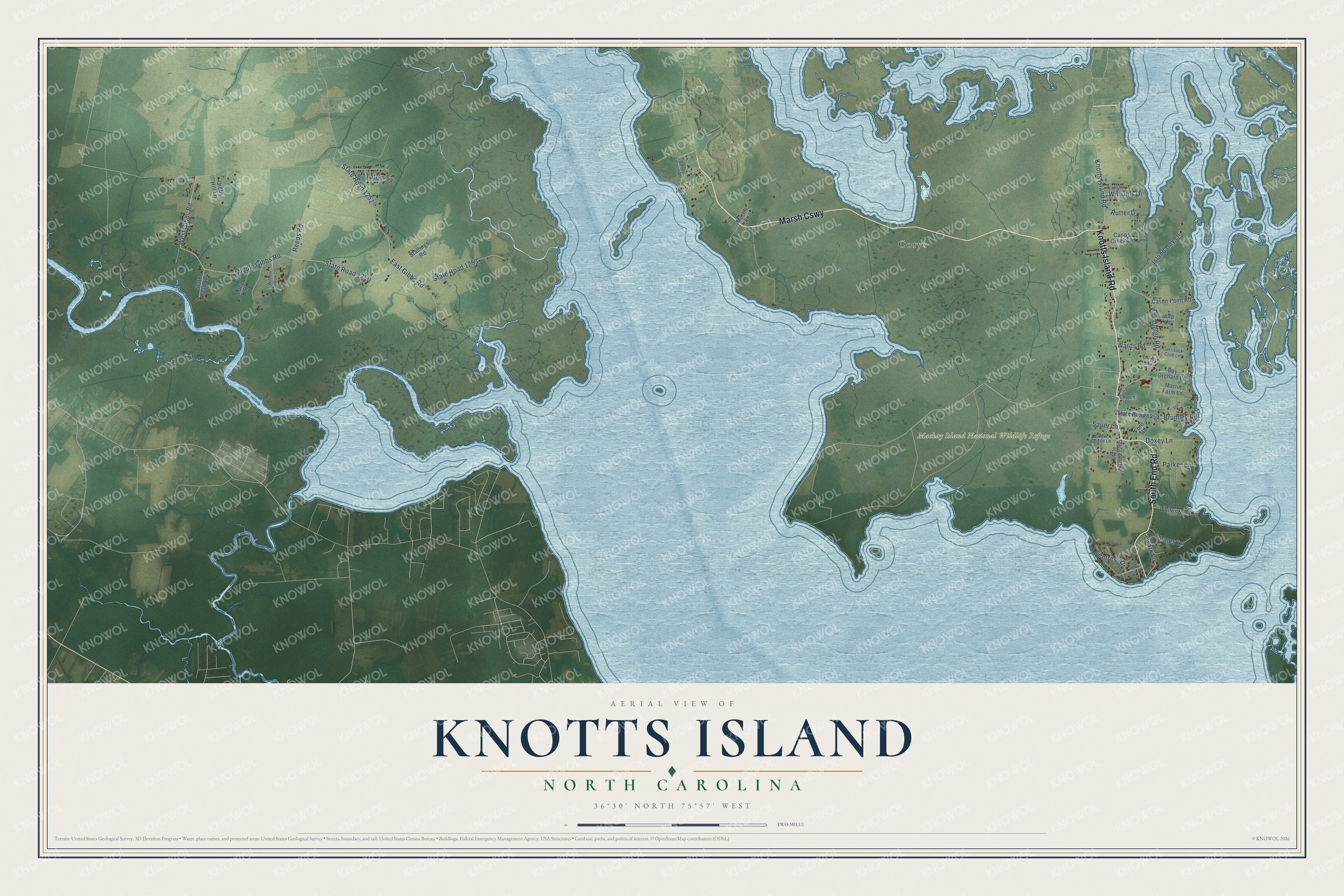 Full map of Knotts Island, North Carolina, with red buildings, printed street names and the land around them