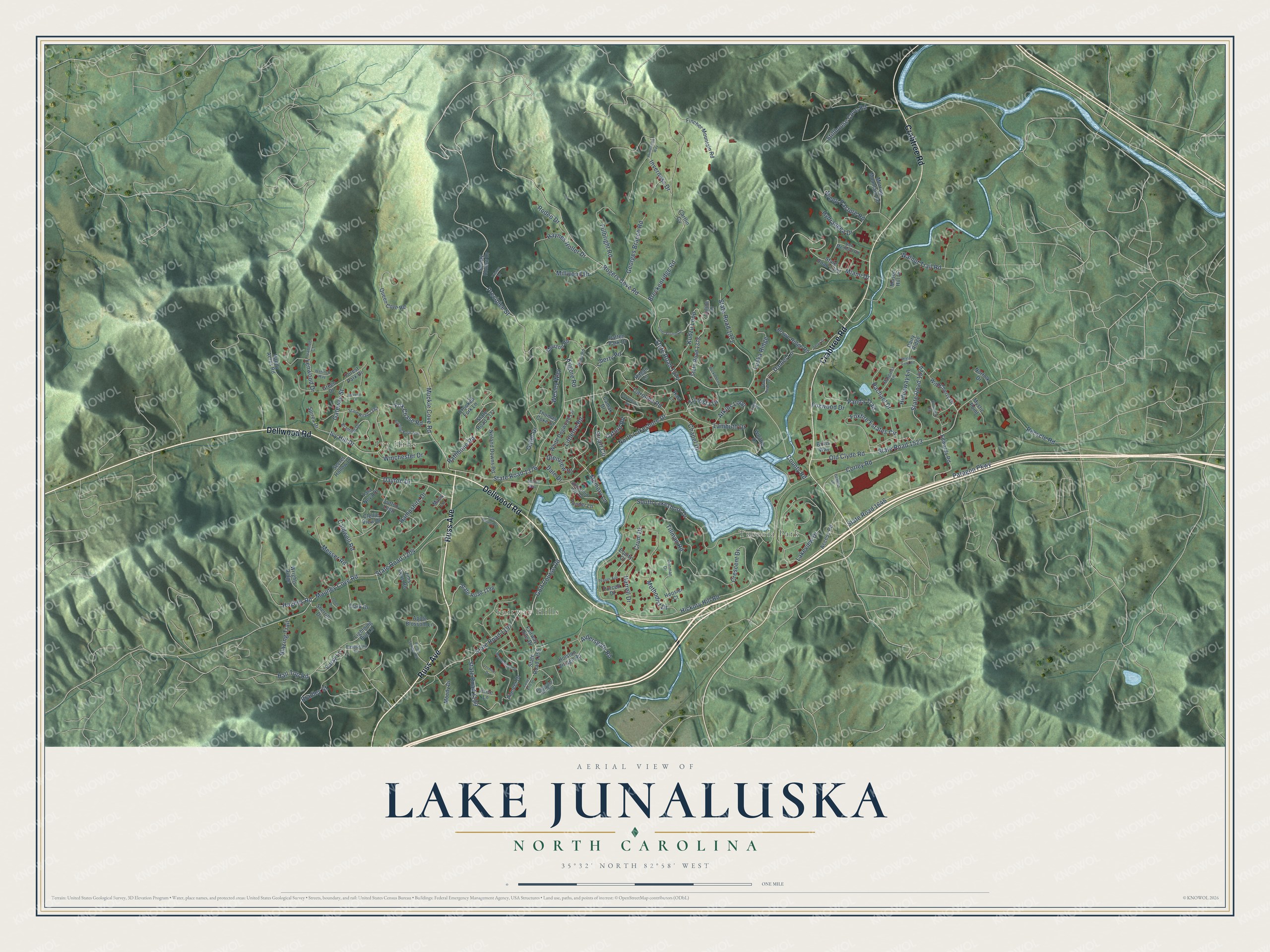 Full map of Lake Junaluska, North Carolina, with red buildings, printed street names and the land around them