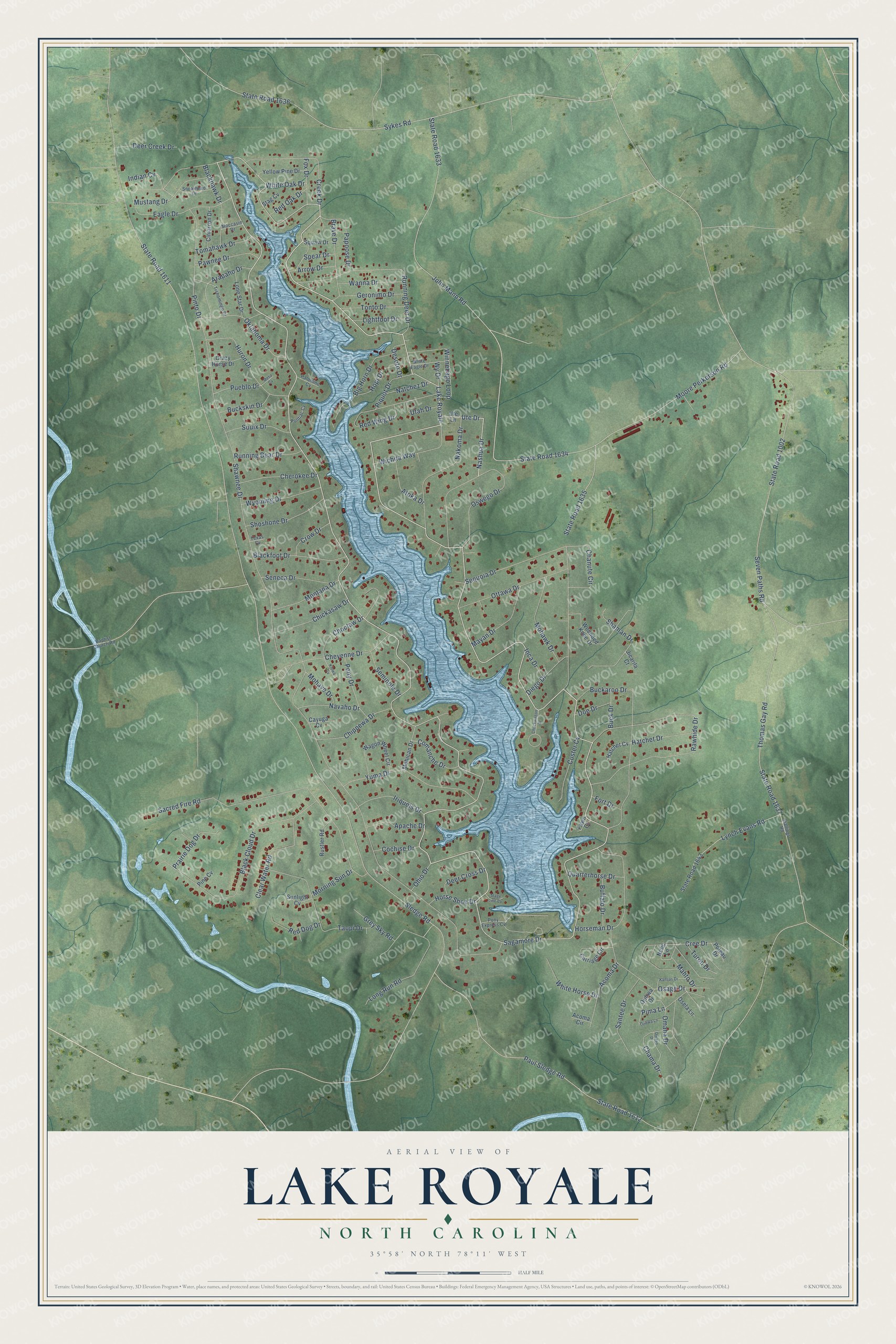 Full map of Lake Royale, North Carolina, with red buildings, printed street names and the land around them