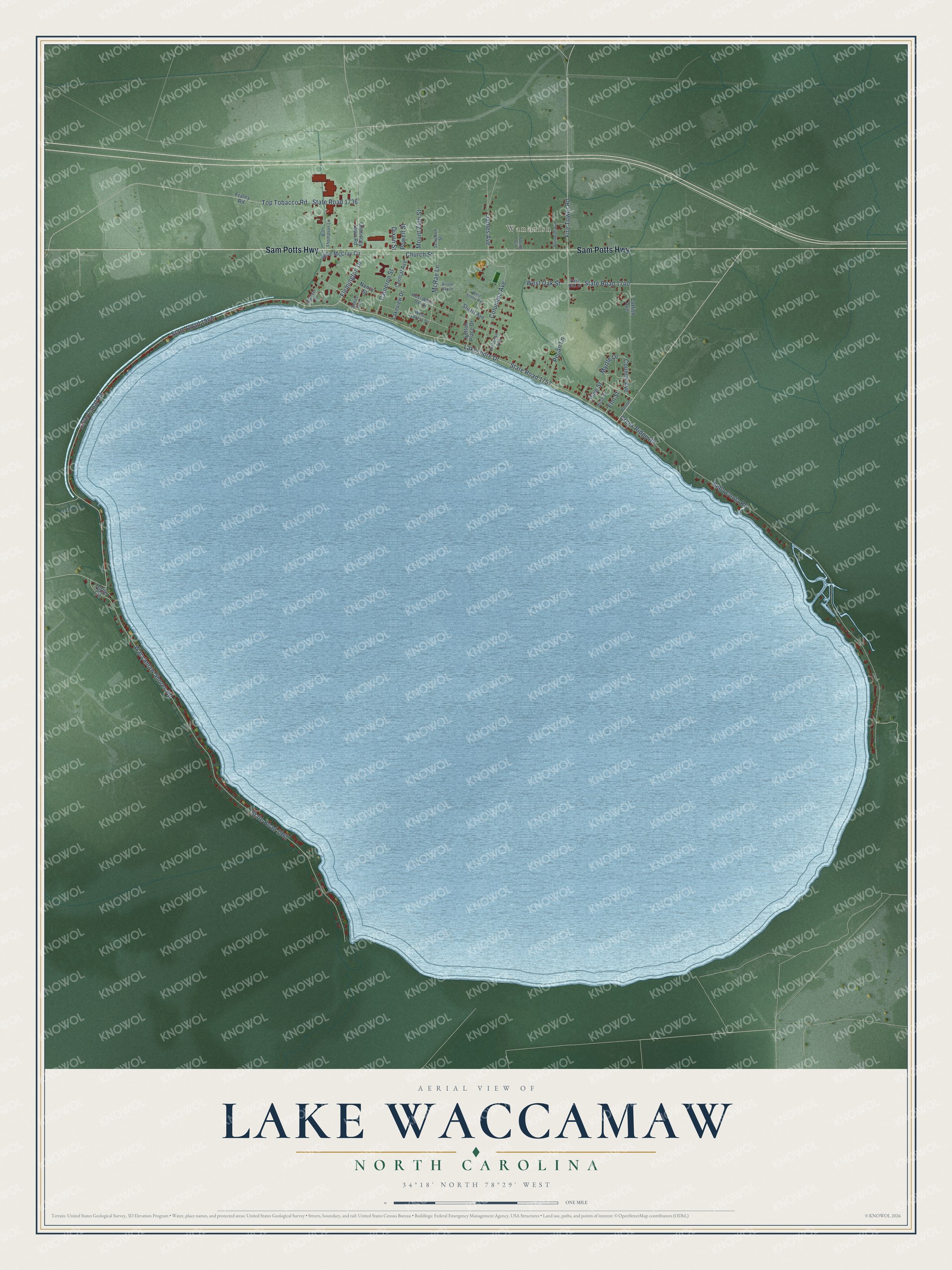 Full map of Lake Waccamaw, North Carolina, with red buildings, printed street names and the land around them