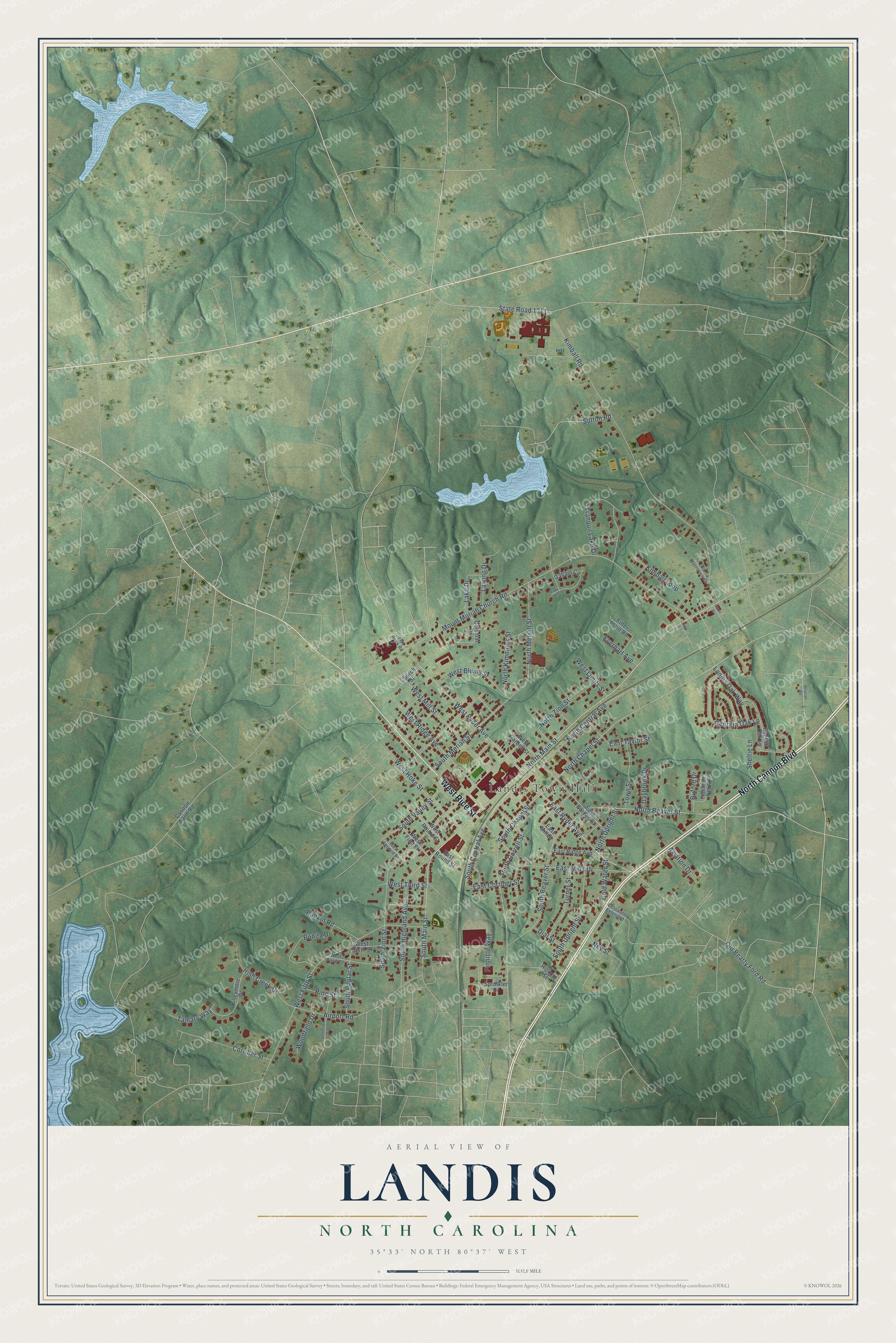 Full map of Landis, North Carolina, with red buildings, printed street names and the land around them