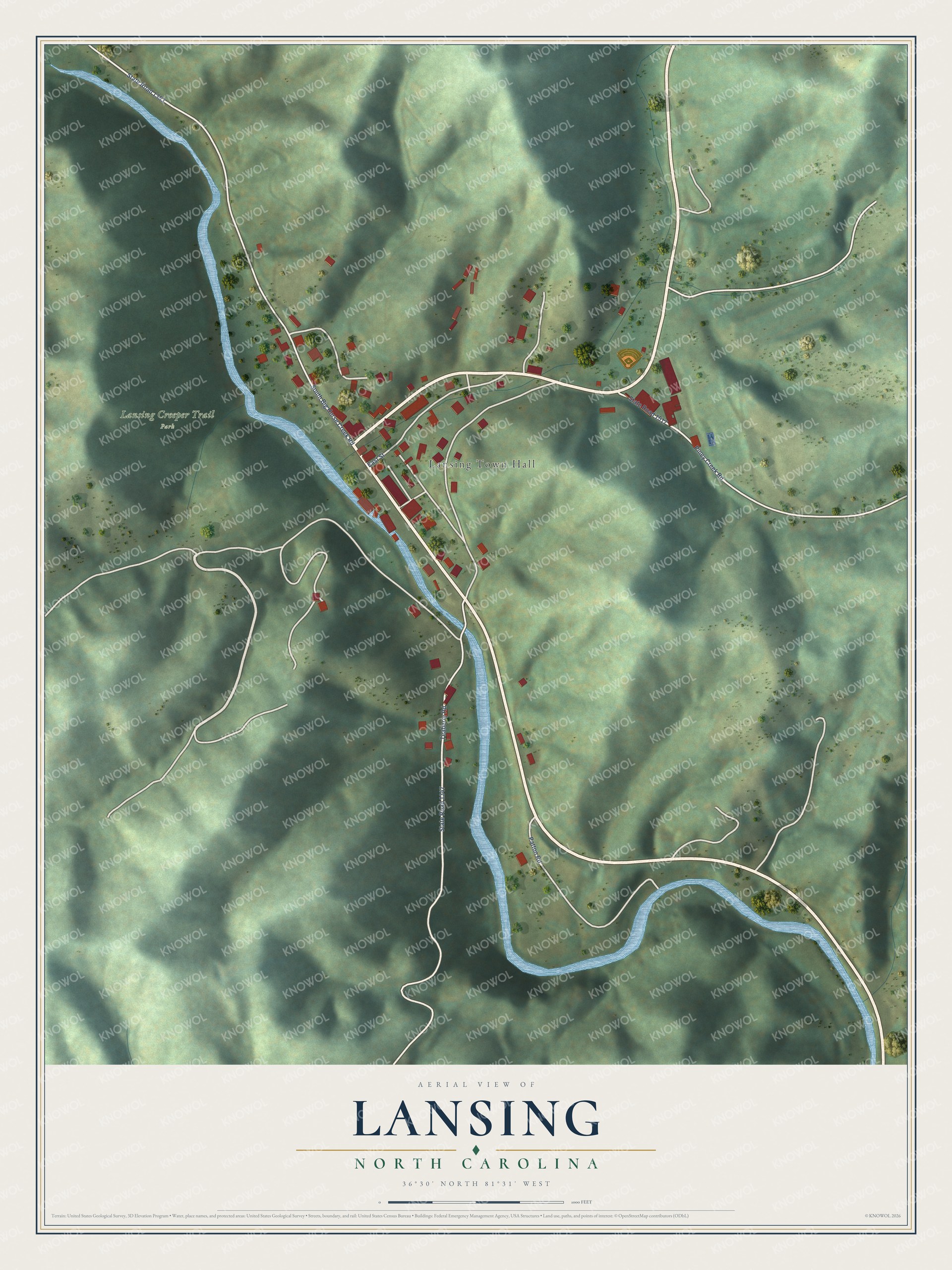 Watermarked full-map preview of Lansing, North Carolina