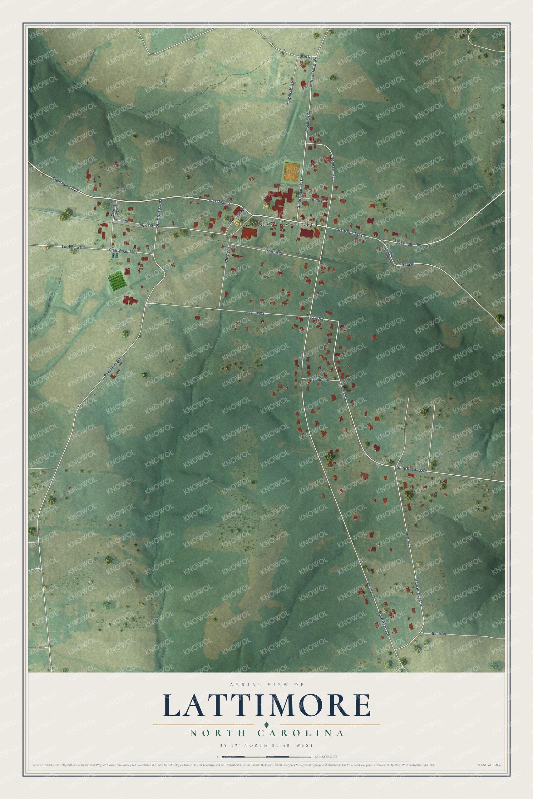 Full map of Lattimore, North Carolina, with red buildings, printed street names and the land around them