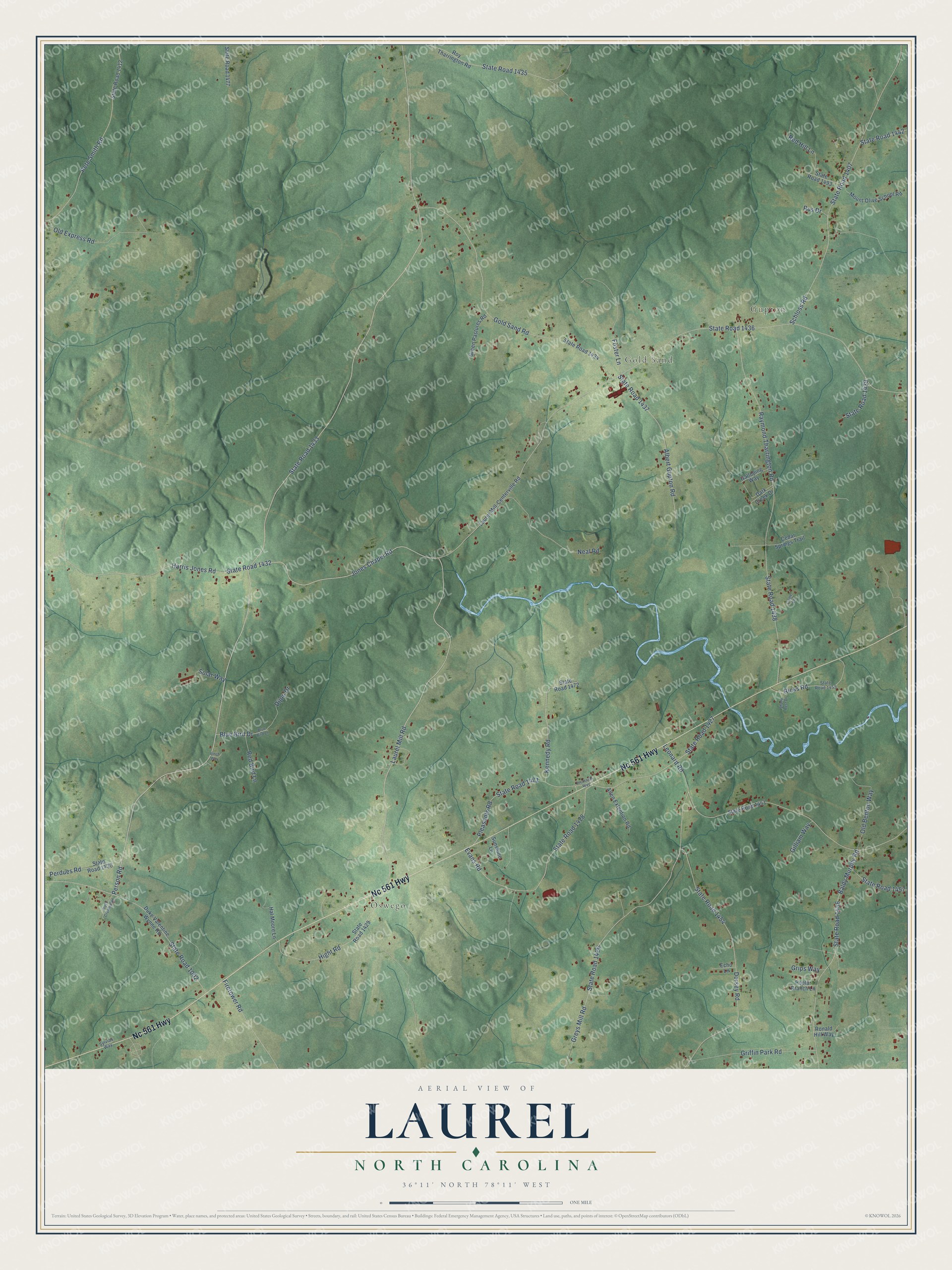 Full map of Laurel, North Carolina, with red buildings, printed street names and the land around them