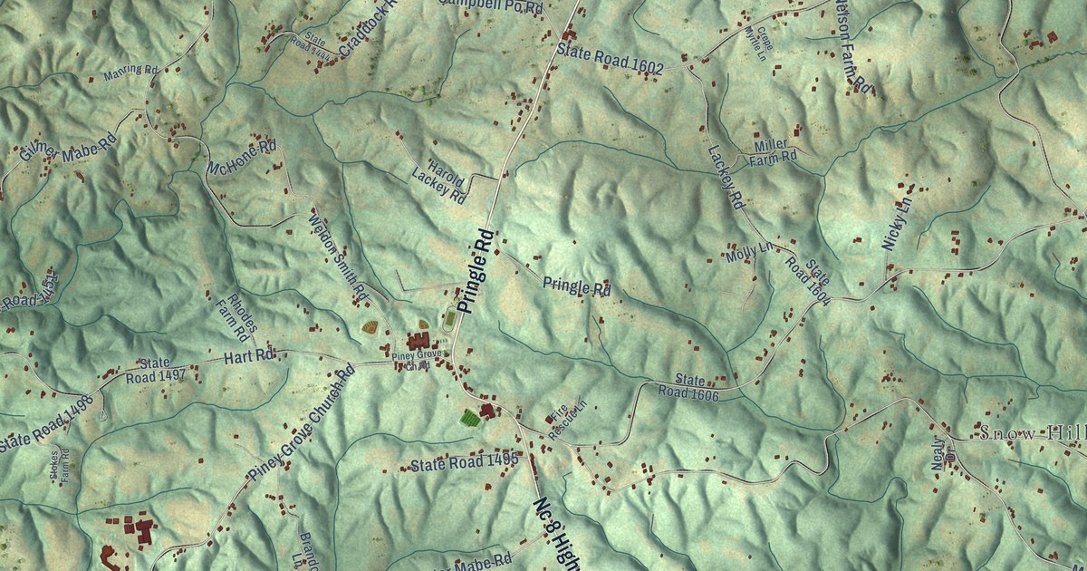 Close-up of streets and buildings in Lawsonville, North Carolina