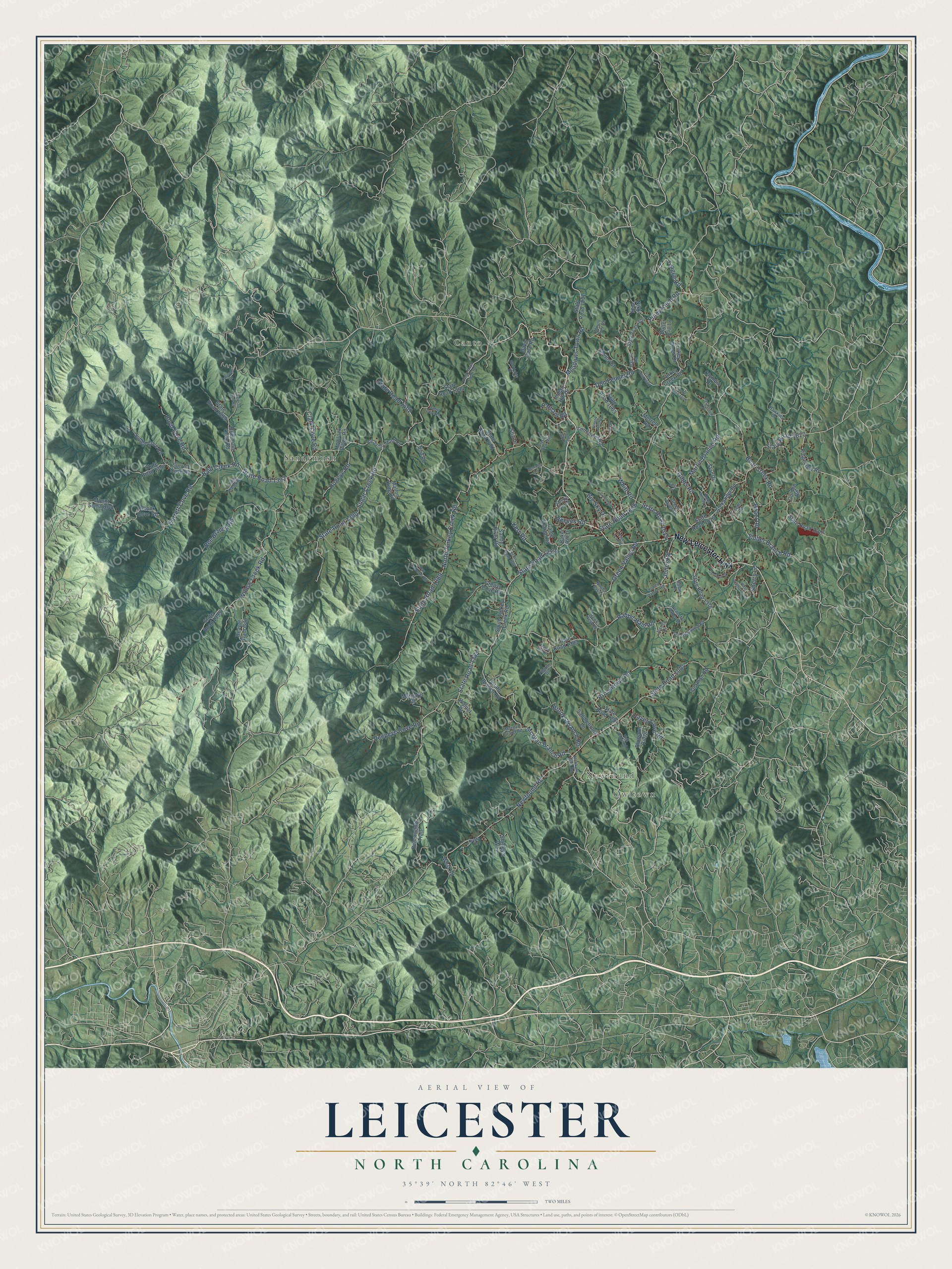 Full map of Leicester, North Carolina, with red buildings, printed street names and the land around them