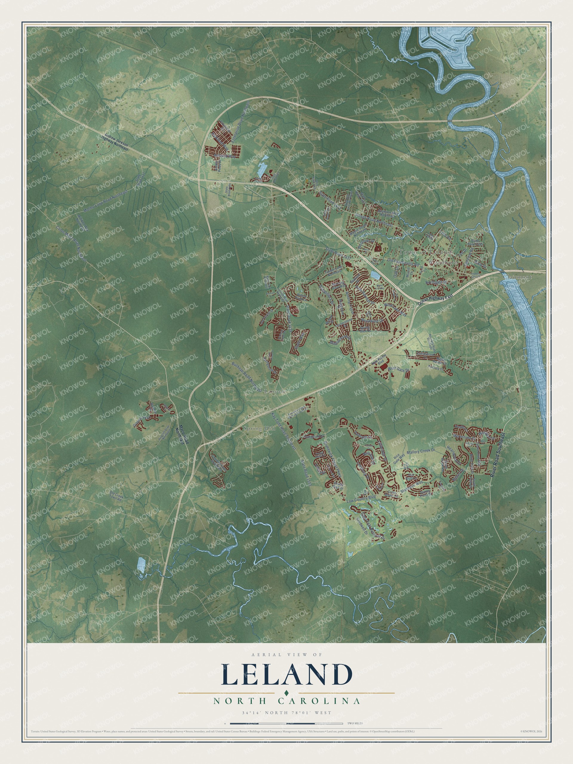 Watermarked full-map preview of Leland, North Carolina